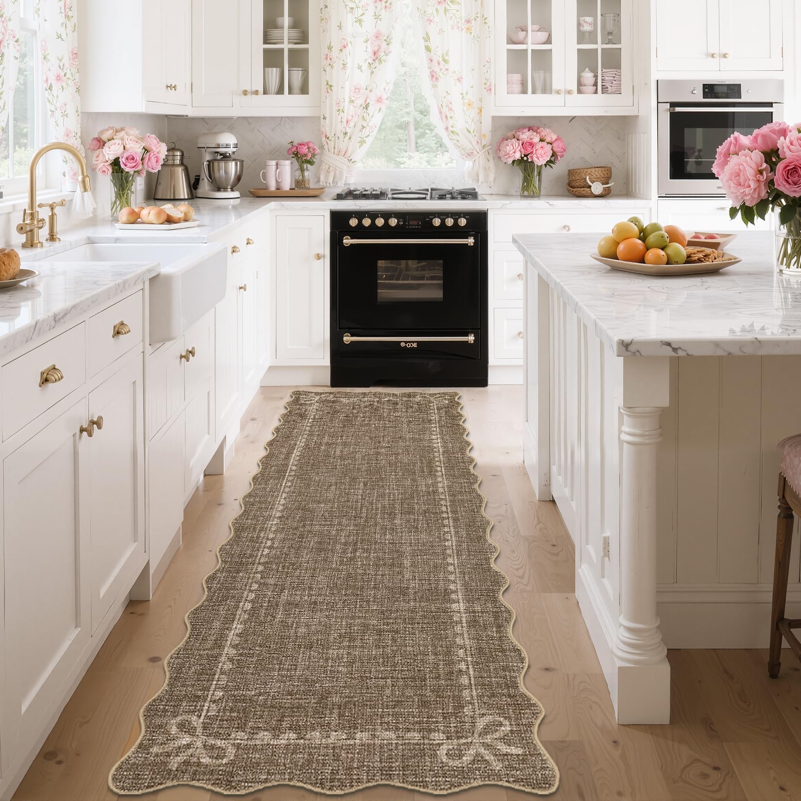 GarveeHome Scalloped Bow Rug for Living Room, Solid Brown Rug for Dorm, Washable Runner Rug 2.5x8 Soft Low Pile Non Slip Scalloped Rugs for Nursery