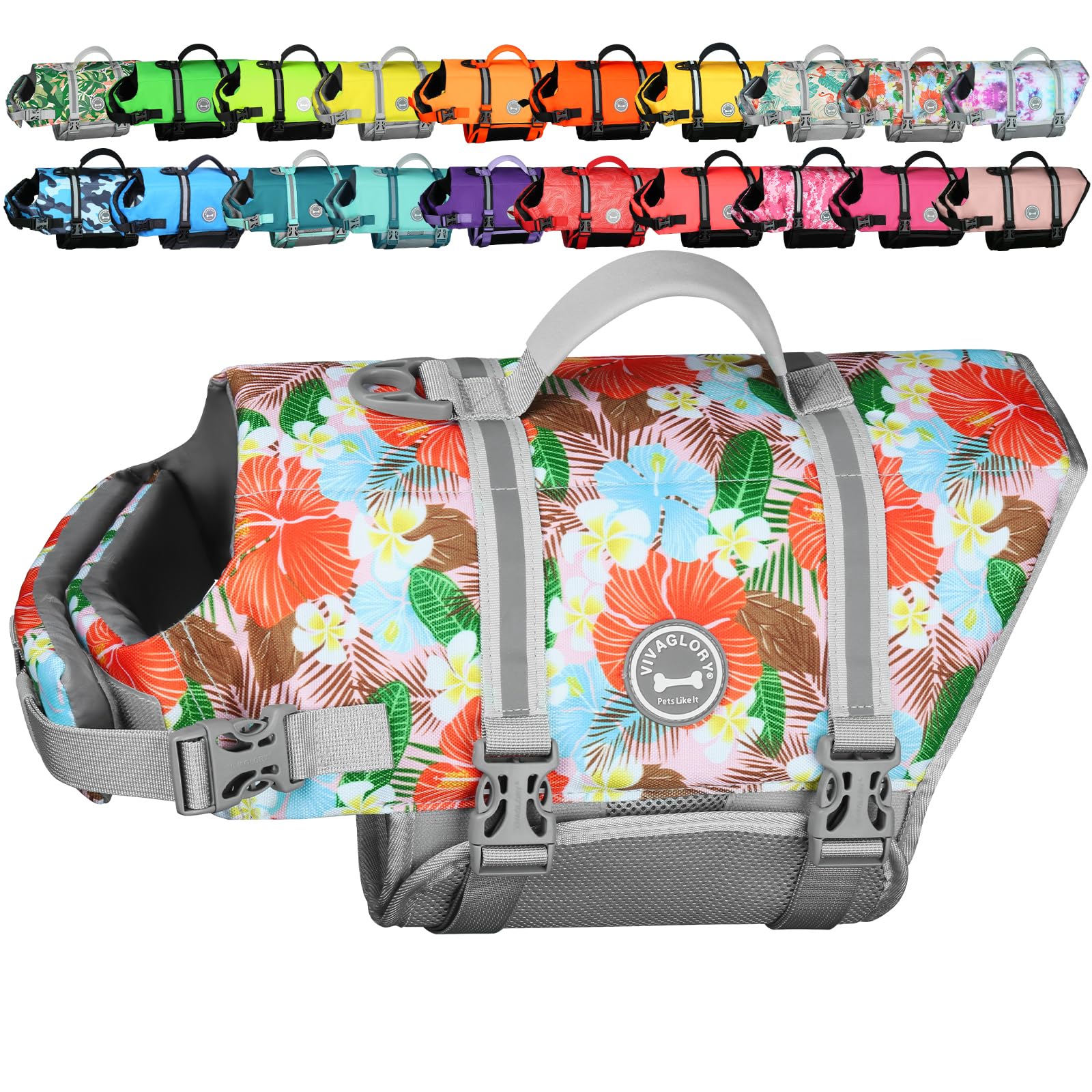 VIVAGLORY Rip Stop Dog Life Vest, Swimming Vest with Handle, Buoyancy for Doggy Puppy, Dog Life Jacket for Swimming & Boating, XXS, Floral Orange