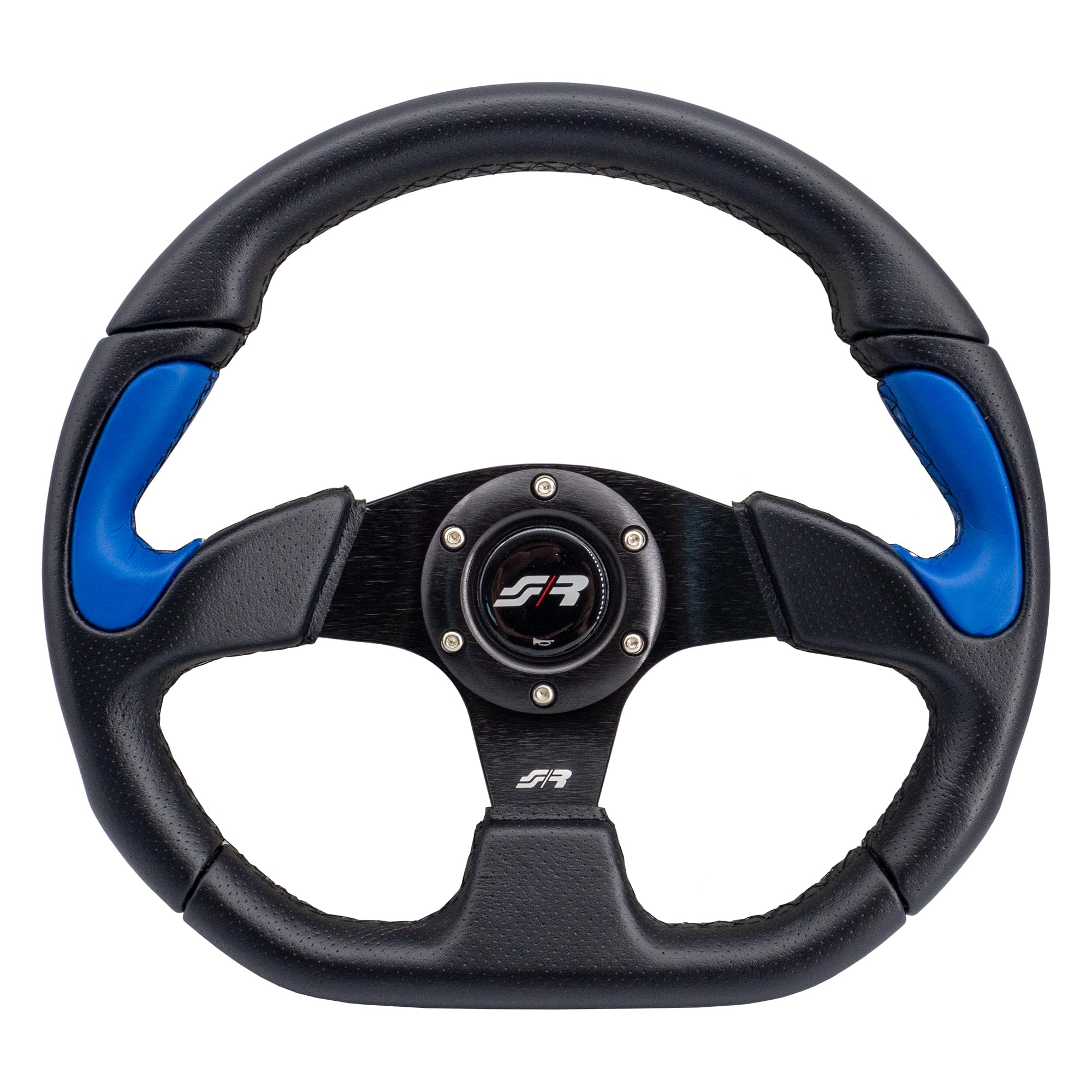 Simoni Racing X2330PUN/PA Volante Sportivo X2 Poly Blue Universale 330 mm, Pelle Nera con Inserti Blu, Razze in Alluminio Anodizzato Nero e Pulsante Clacson