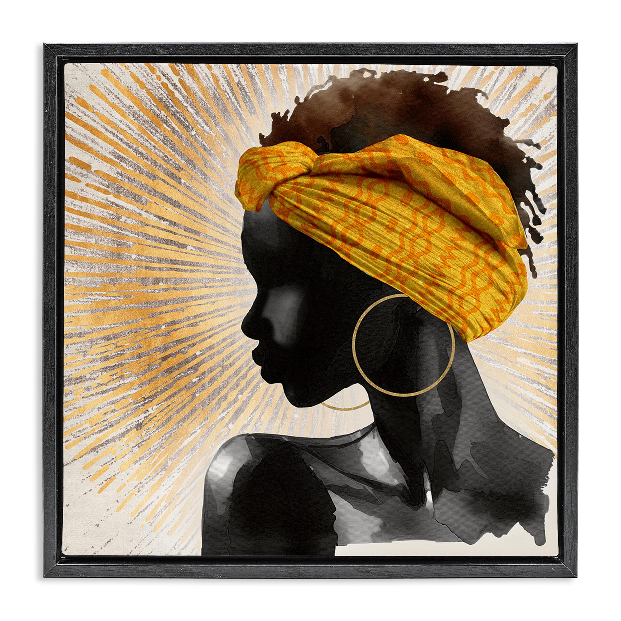 Stupell Industries Jet Black (Matte) Golden Sunburst Portrait, 24 X 24 Inch Canvas In Floater Frame