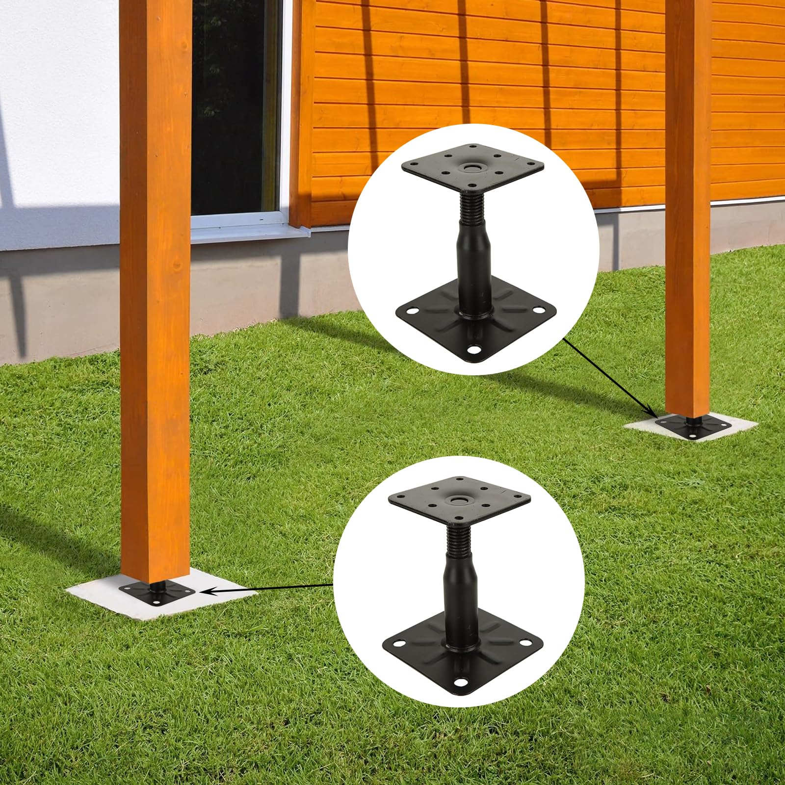 AKOLAFE 4 sztuki wsporników słupków z regulacją wysokości 100-150 mm, podstawa podporowa ze stali ocynkowanej ze śrubami 75 x 95 mm, regulowane wsporniki słupków do zabetonowania tarasów, ogrodzeń