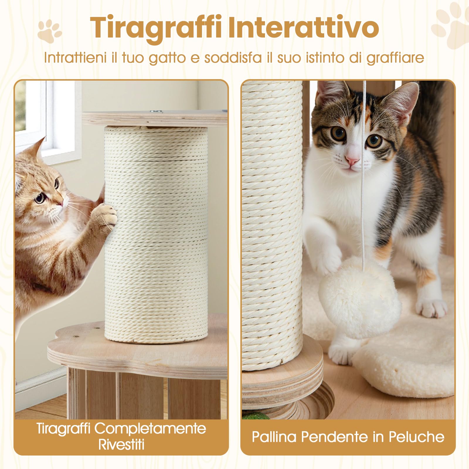 COSTWAY Albero per Gatti Alto 74 cm, Tiragraffi per Gatti in Legno con Condo, Capsula Spaziale, Tiragraffi, Gioco Interattivo con Pista per Palline in Legno, Pallina Appesa e Tappetino Lavabile