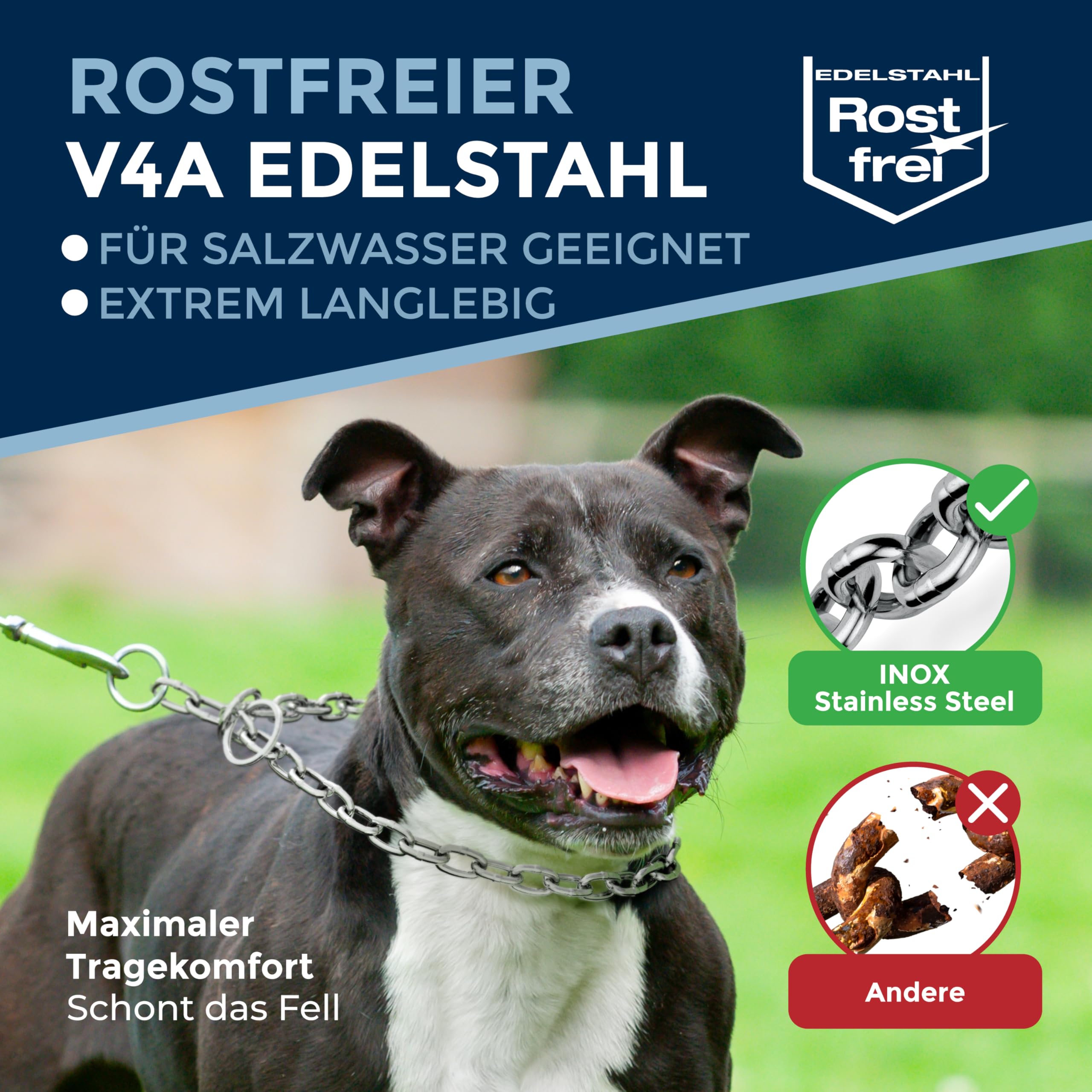 Kettingwurger voor honden met hoofdomtrek 39-43 cm, van roestvrij staal, V4A, hondenketting met trekstop, kettinghalsband lange schakels, 4 mm dik en 51 cm totale lengte