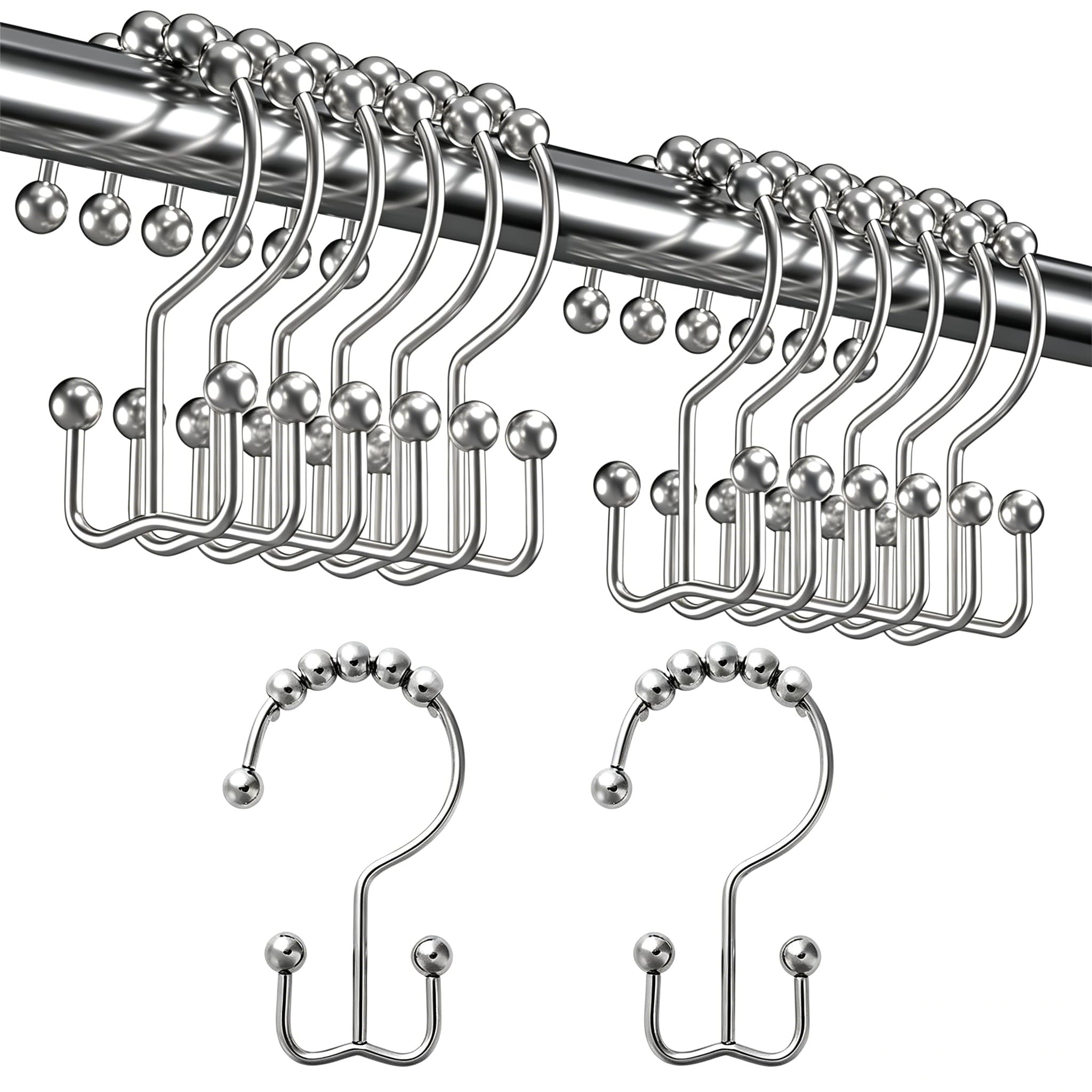 Photo 1 of 12PCS Double Sided Shower Curtains Hooks,Metal Rust Proof/Free 304 Stainless Steel Metal Shower Curtain Rings,Smooth Gliding Chrome Double Shower Hooks Hangers for Bathroom Shower Curtain Rod,Silver