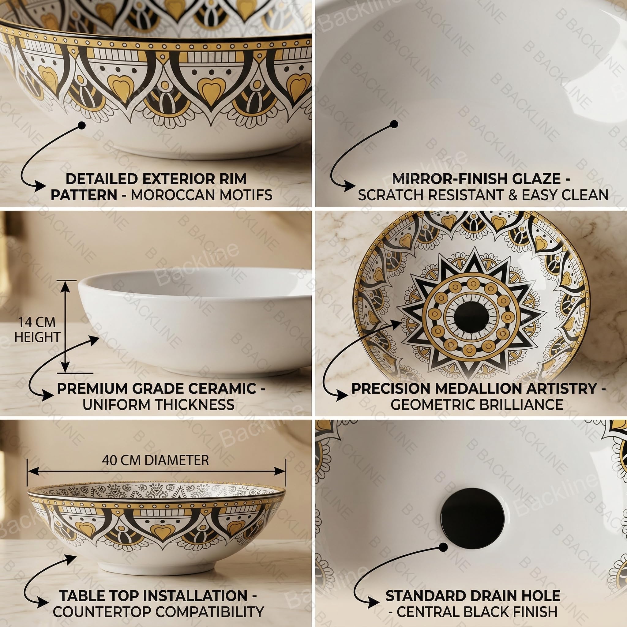 B Backline Ceramic Moroccan Wash Basin Countertop | Table Top Wash Basin Bathroom Sink | Art Basin For Bathroom & Livingroom 40 X 40 X 14 Cm (5 Years Warrenty)