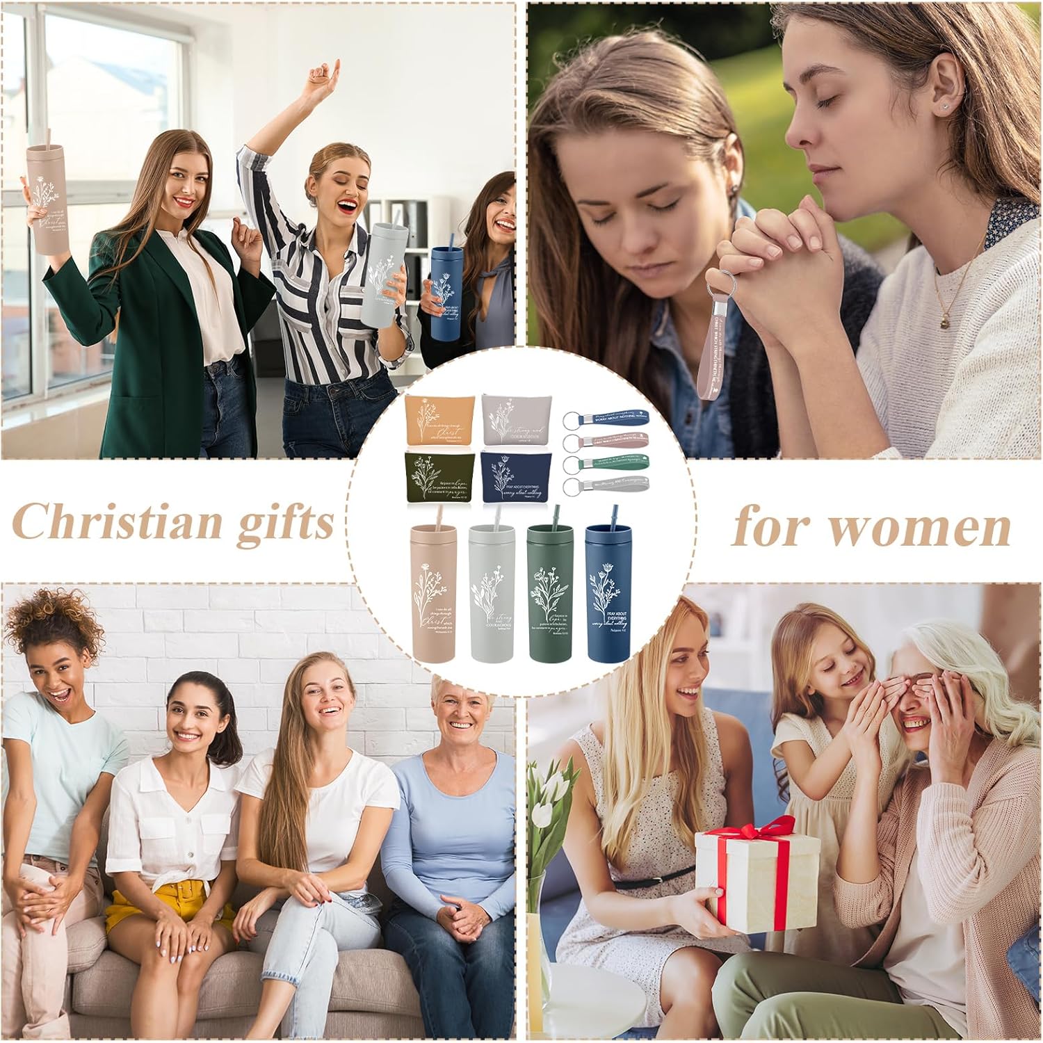 Fumete 4 Set Christian Gifts for Women 16oz Skinny Cup Religious Cosmetic Bag Bible Verse Keychain Appreciation Church Gifts for Pastor Wife Mother Teacher Grandparents(Classic Color,Floral) - Image 6