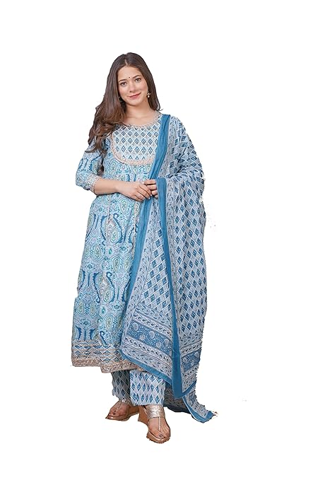 Women's Cotton Printed Anarkali Kurta With Palazzo & Dupatta Set With Handwork (XX-Large)