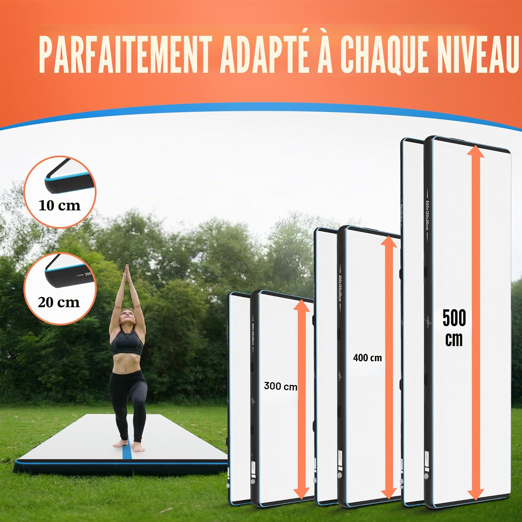 AthleticPro Airtrack Tapis de gymnastique gonflable pour gymnastique au sol et acrobatie avec pompe électrique, kit de réparation et sac de hauteur, pour