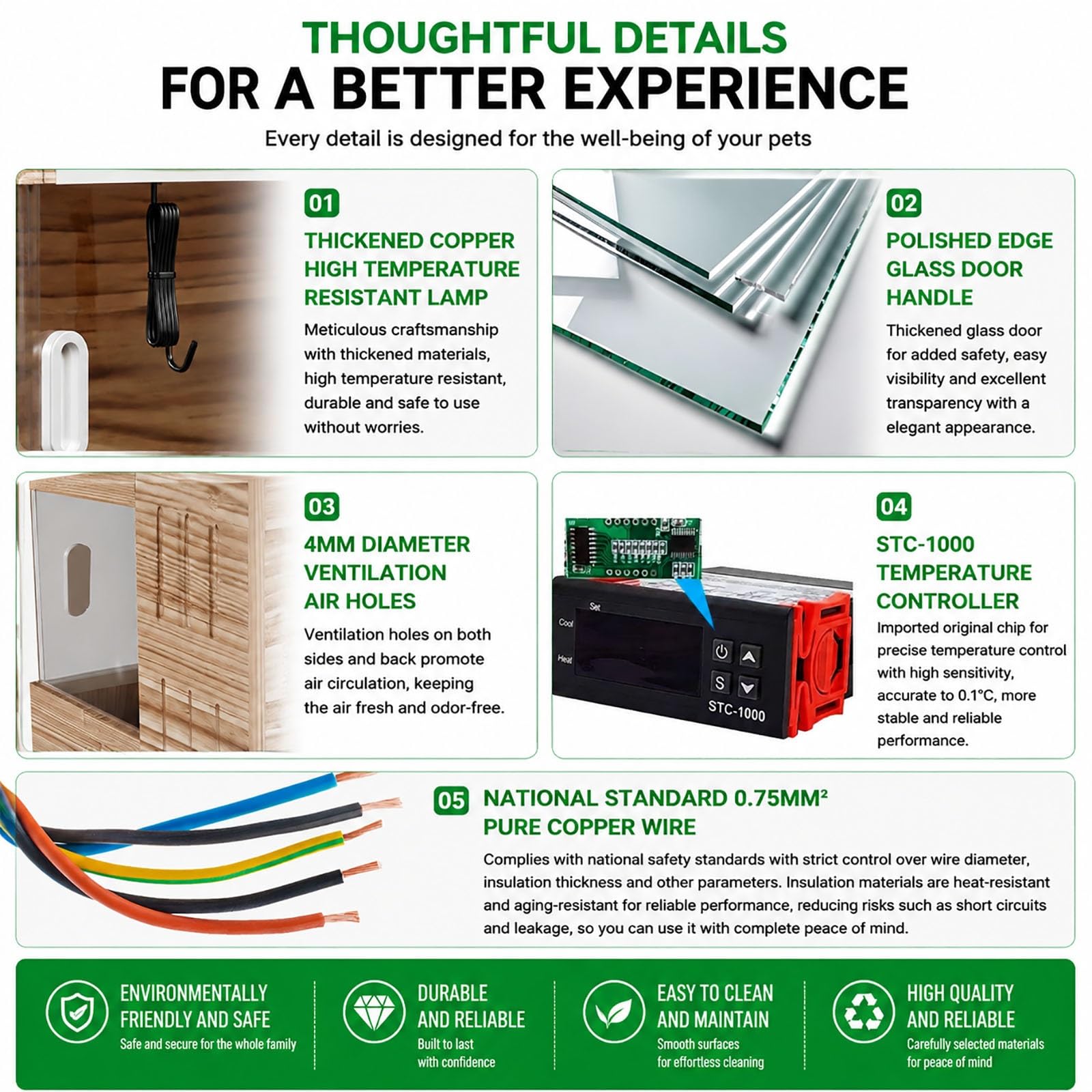 Vivario para reptiles de madera maciza con doble termostato inteligente, recinto de 3 cristales HD con zonas de calefacción independientes, terrario ventilado para pogona, tortuga y lagartija(Small)