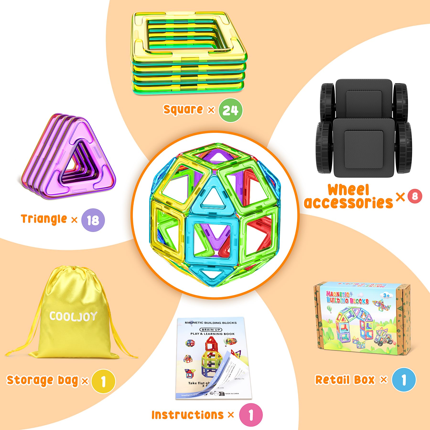 COOLJOY Costruzioni Magnetiche 50 Pezzi | Blocchi Magnetici per Bambini Costruzioni Magnetiche Bambini | Divertente Giocattolo da Costruzione Educativo per Bambini 3 4 5 6 7 Anni