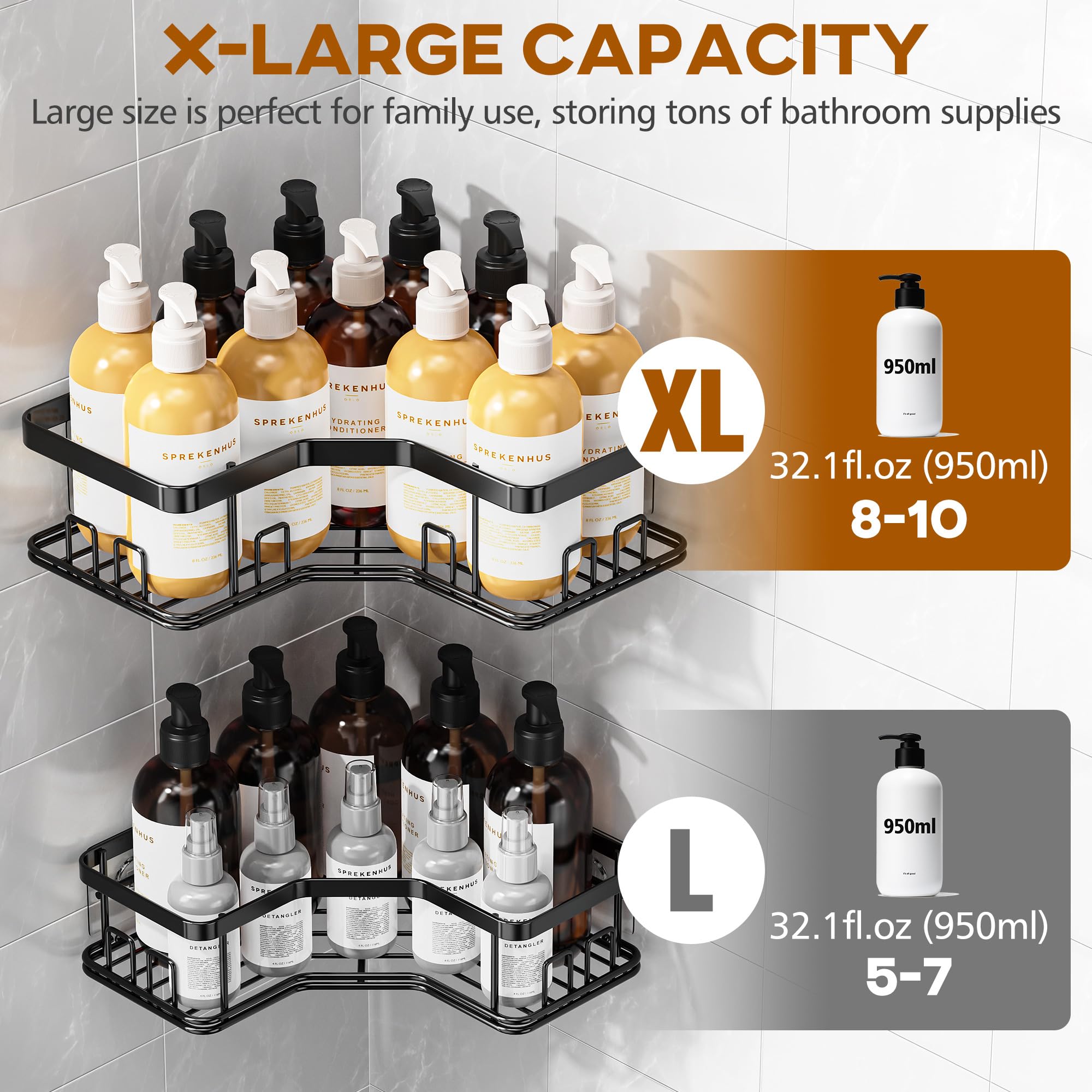 MAXIFFE 3 Pack X-Large Corner Shower Caddy with Soap Holder, Large Capacity Sturdy Easy Install No Drilling Stainless Steel Hold 40 LB Shower Organizer Shelves Rack for Family Renters Bathroom, Black