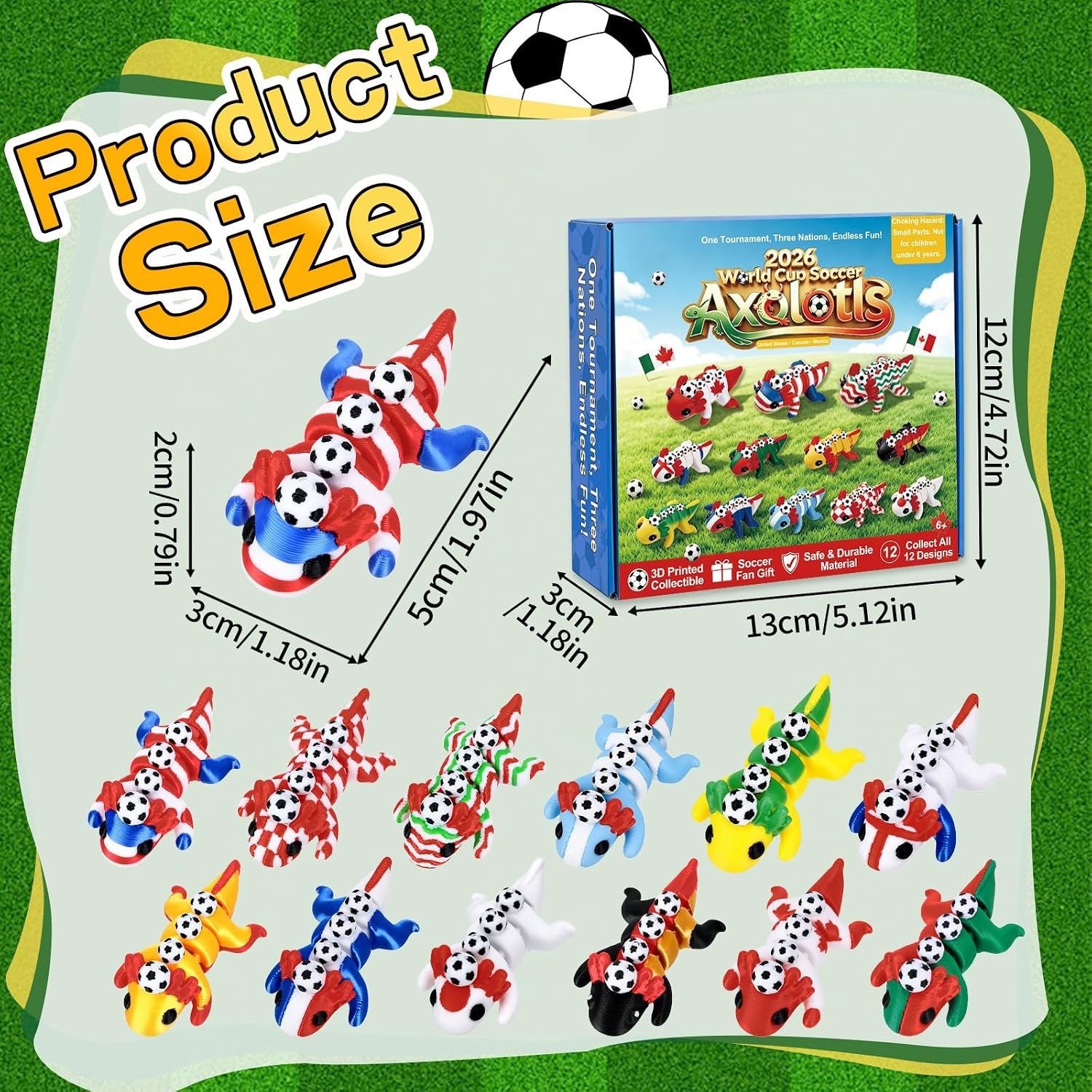 12PCS 2026 World Soccer Cup 3D Printed Axolotl Fidget Toys 12 Style Sports Theme Stress Relief Collectible Soccer Party Favors for Party Goodie Bags Stuffers, Sports Fans Gifts