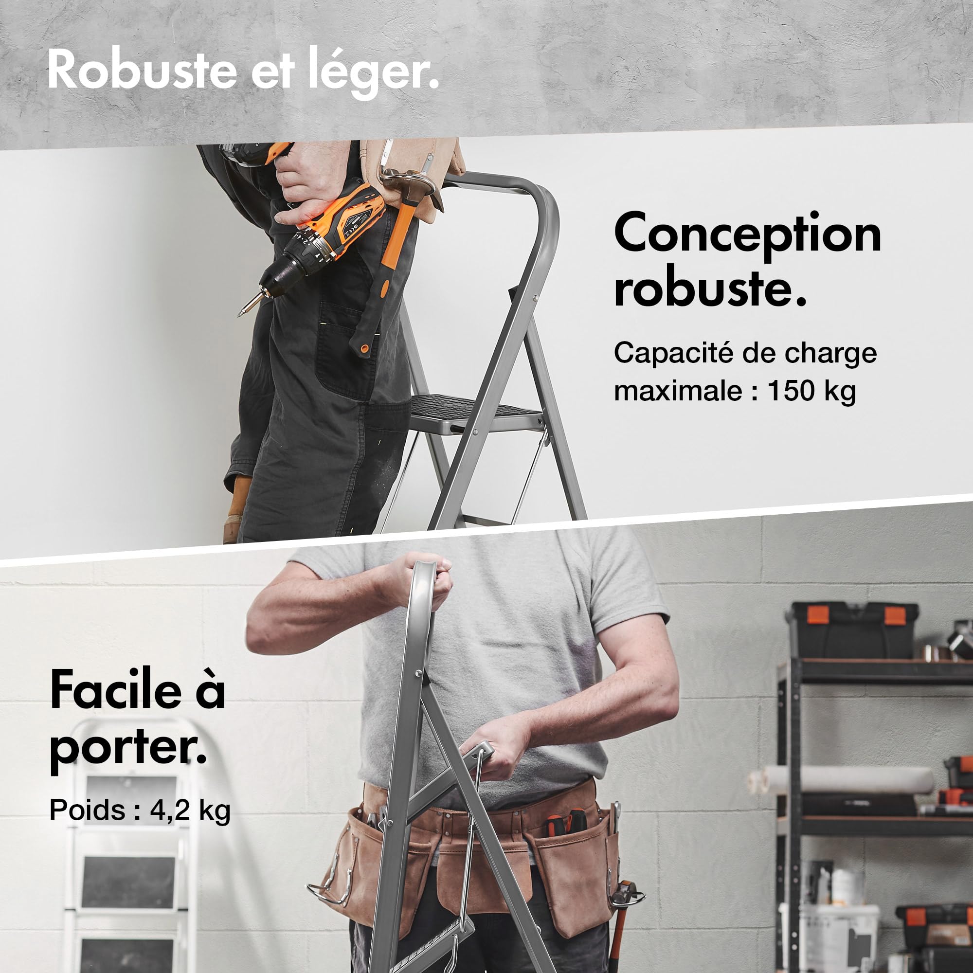 VonHaus Escabeau 3 Marches Antidérapant – Escabeau Pliable Facile à Ranger – Capacité Maximale de 150 kg – Échelle de Qualité pour Bricolage et Jardinage en Acier Durable