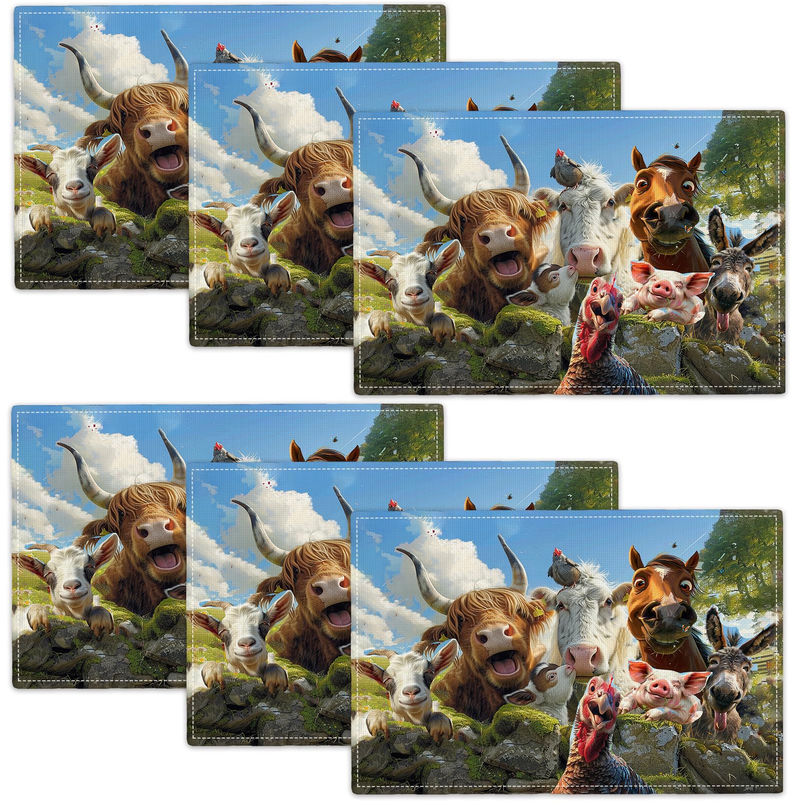 Farmhouse Animals Placemats Set of 6 Farm Funny Cow Donkey Rooster Table Mats Decor Country Horse Place Mats Imitation Linen Heat Resistant Rustic