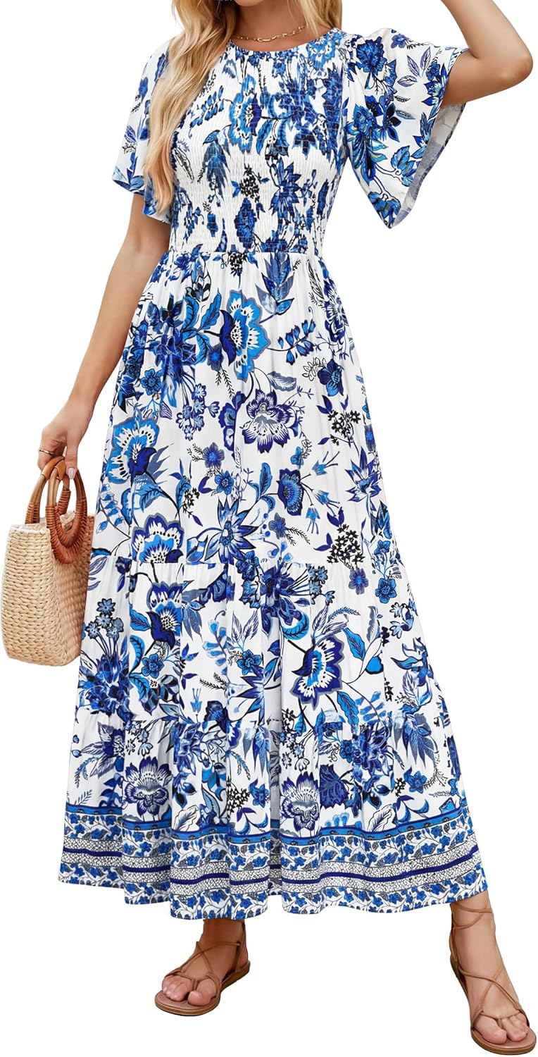 ZESICA Women's 2026 Summer Boho Floral Maxi Dresses Casual Short Flutter Sleeve Smocked Tiered Flowy Dress