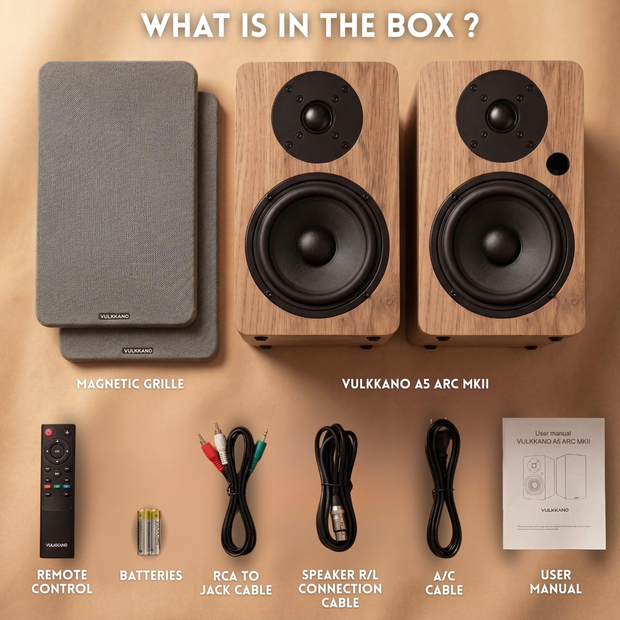 VULKKANO A5 ARC MKII Altoparlanti Autoamplificati con Woofer da 5,25", Bluetooth 5.0, HDMI ARC, Optica, RCA, USB, con uscita subwoofer, altoparlanti per TV dal design elegante, colore marrone