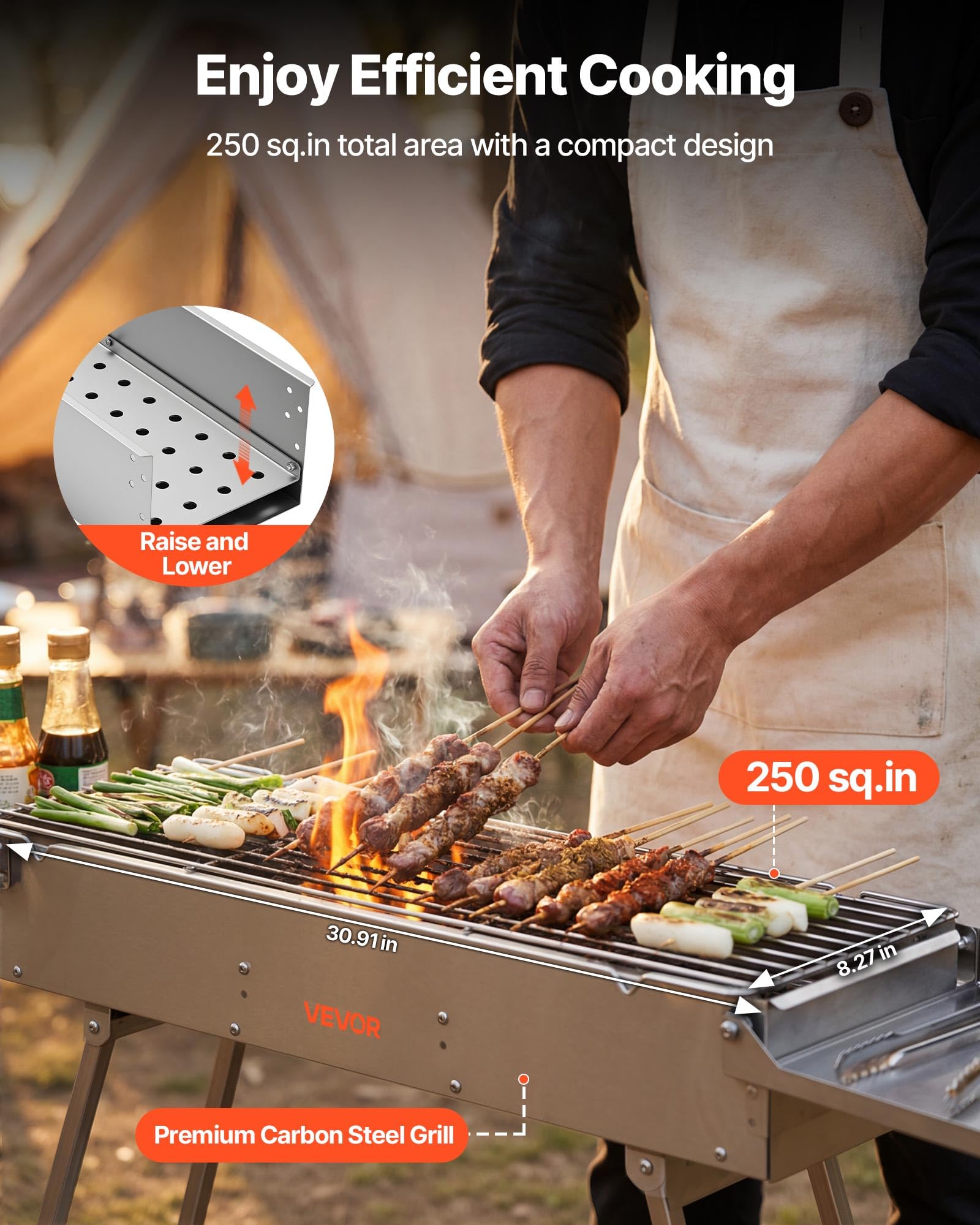 VEVOR Barbacoa de Carbón Plegable 0,16 m², Parrilla de Carbón Portátil con Bandeja de Carbón Elevable y Mesas Laterales, Barbacoa de Acero Inoxidable para Acampar al Aire Libre, Fiestas en Jardín