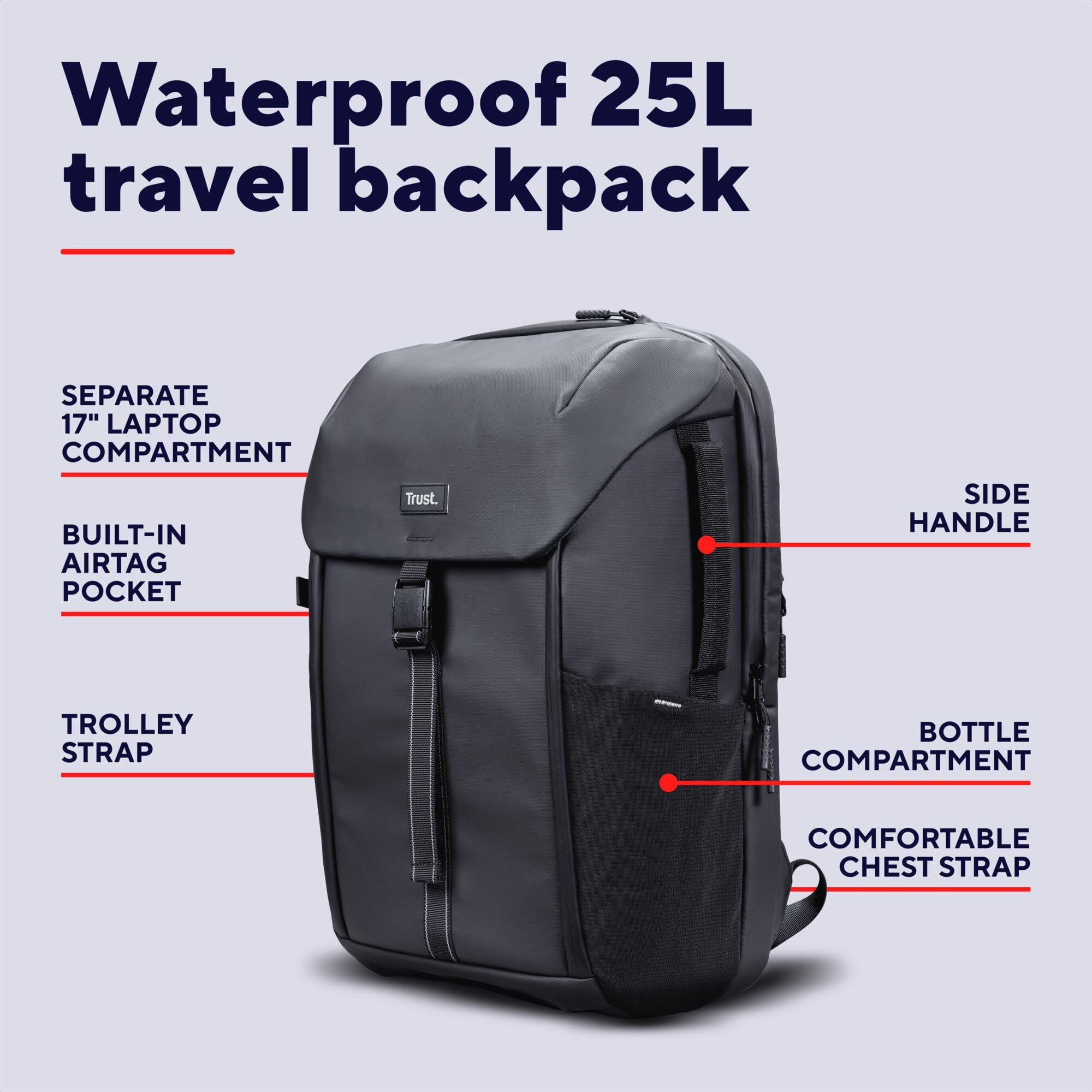 Trust Jersey plecak na laptopa 43.2 cm, torba podróżna 25 l, z paskiem na kółkach, wykonany z plastiku pochodzącego z recyklingu, odporny na wstrząsy, biznesowy plecak roboczy, wodoodporny plecak dla