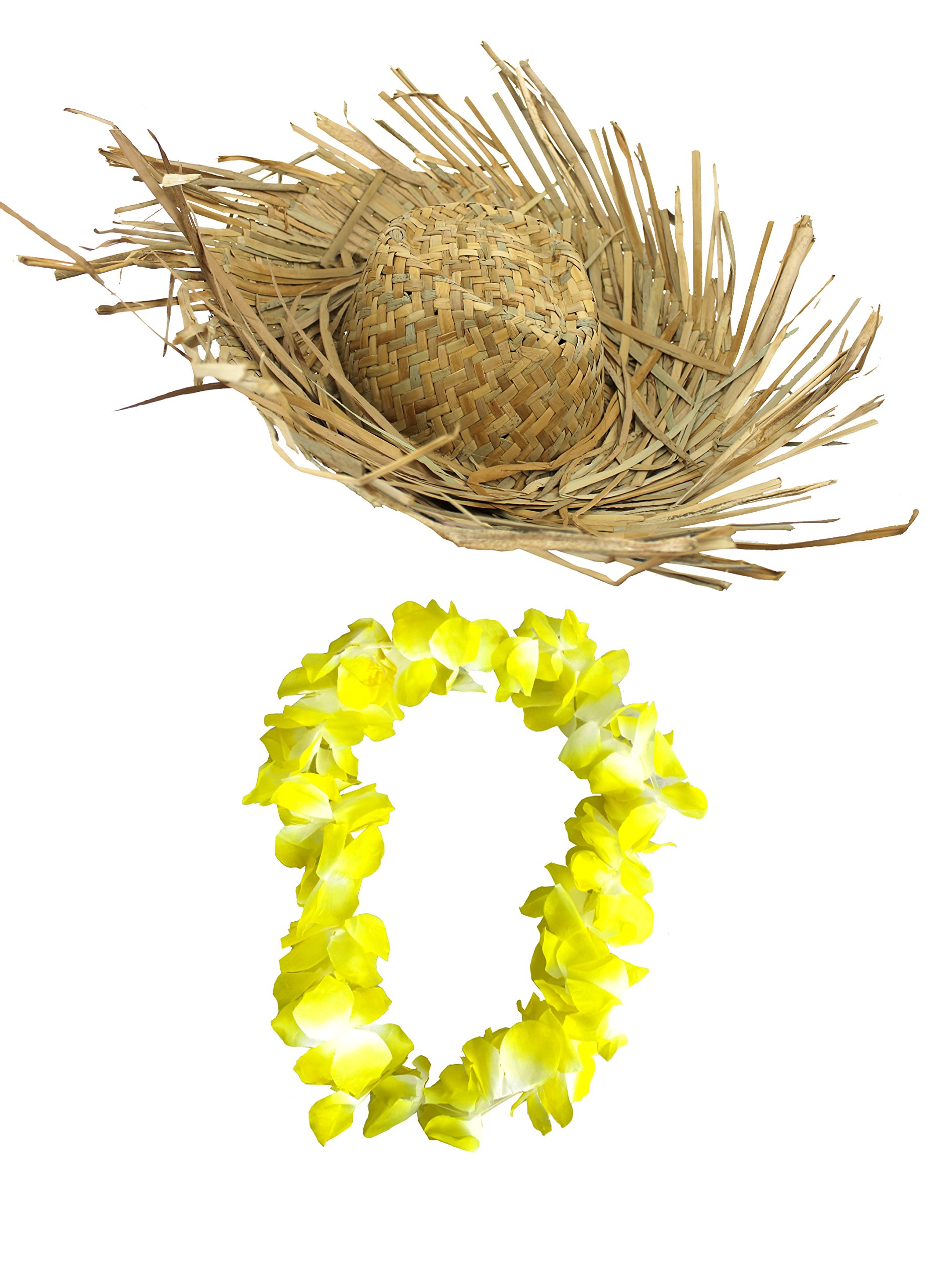 HAWAIIAN LEI + BEACH COMBER HAT FANCY DRESS SET COLOURED 18 INCH LEI HULA BEACHCOMBER HAT SUMMER HAWAII FLOWER LEI GARLAND ACCESSORY MENS LADIES (YELLOW)