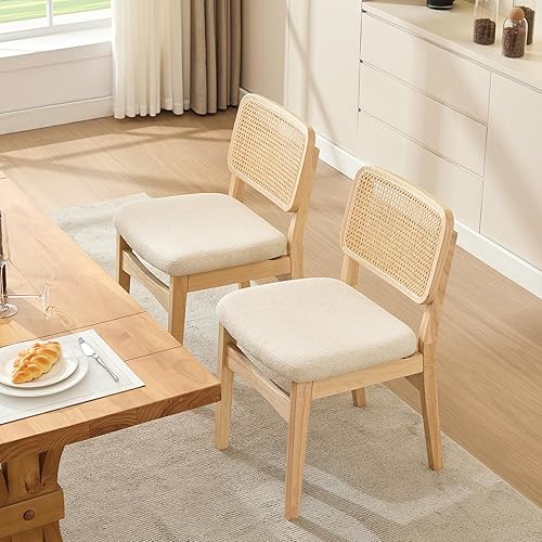 Miniatura 5 de Juego de 2 sillas de comedor de ratán, modernas sillas de comedor de granja con patas de madera maciza, sillas de cocina tapizadas con respaldo de