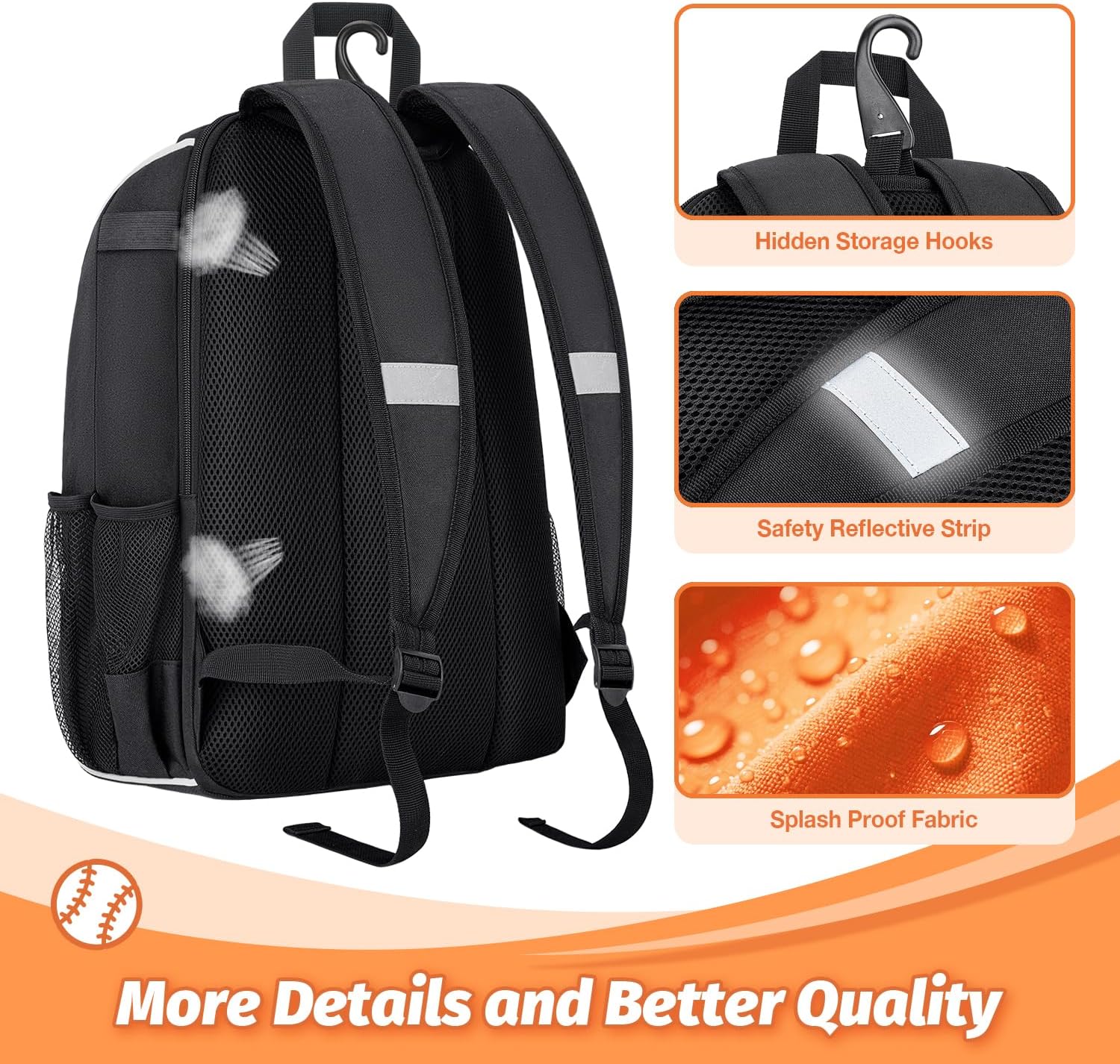 Youth Baseball Bag - Baseball Backpack Bat & Glove Holder, T-Ball & Softball Equipment & Gear,Large Main Compartment for Helmet & accessories, Fence Hook，Insulation Pocket