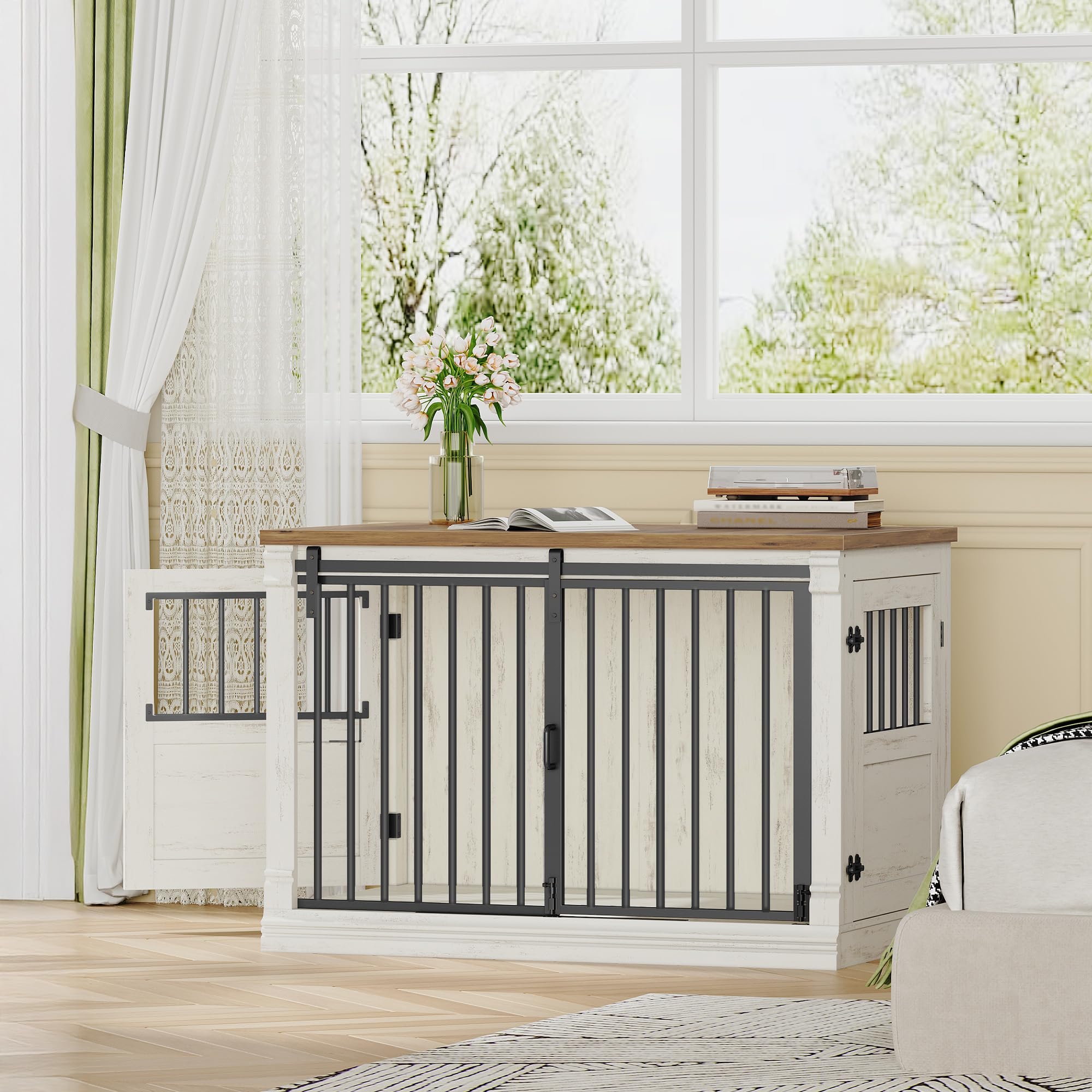 HEXCELEN 101cm Hundekäfig-Möbel, Hundebox Holz, Hundebox für Zuhause mit 3 Türen, Schiebetüren, für Kleine, Mittlere, Große Hunde, Robuster, Beistelltisch, 101 x 60,5 x 70 cm, Weiß Braun