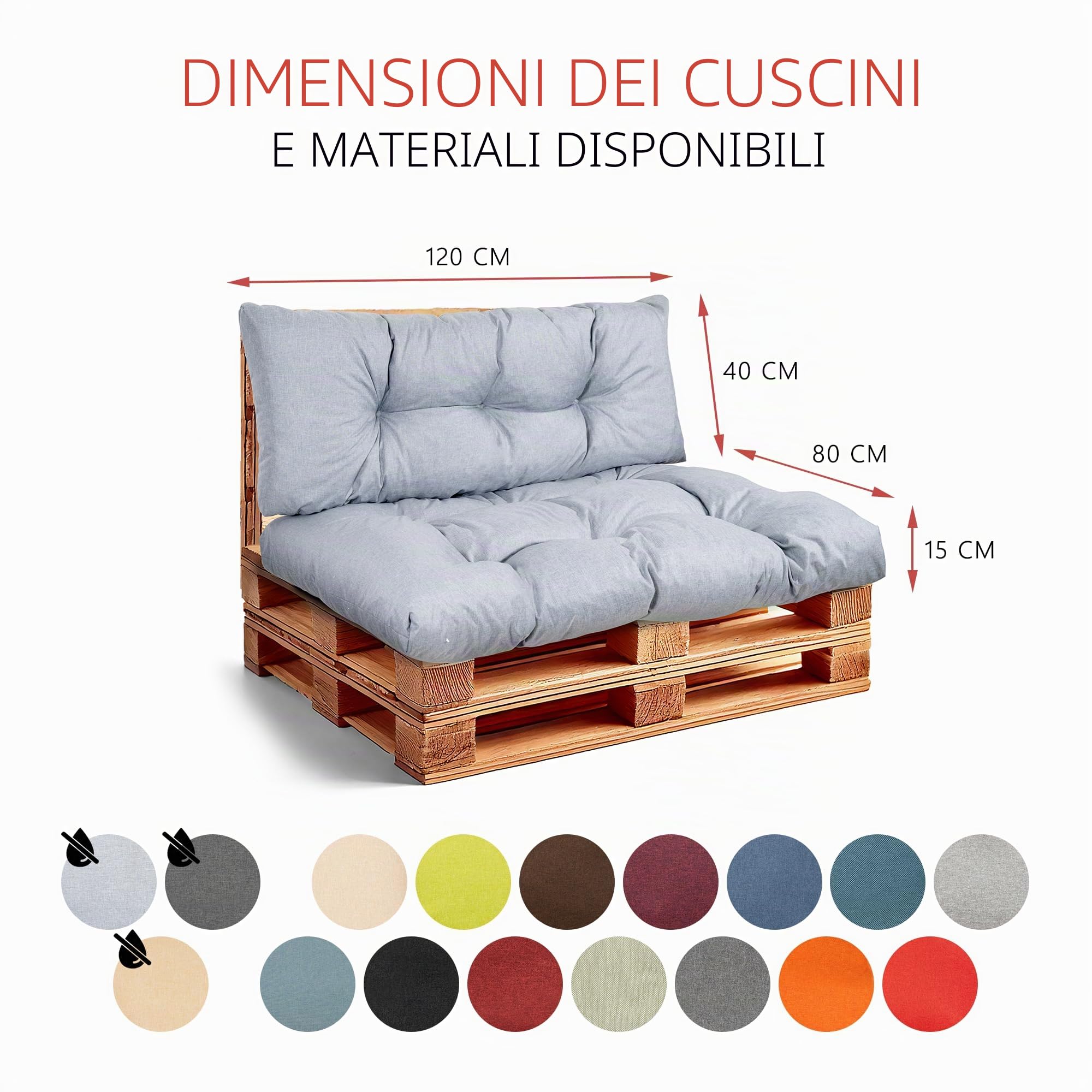 Set di Cuscini per Pallet – Cuscino D’assise per Pallet Europei – Imbottitura con Schiuma Granulare Poulirette – Include Cuscino D’assise 120x80cm + Schienale 120x40cm