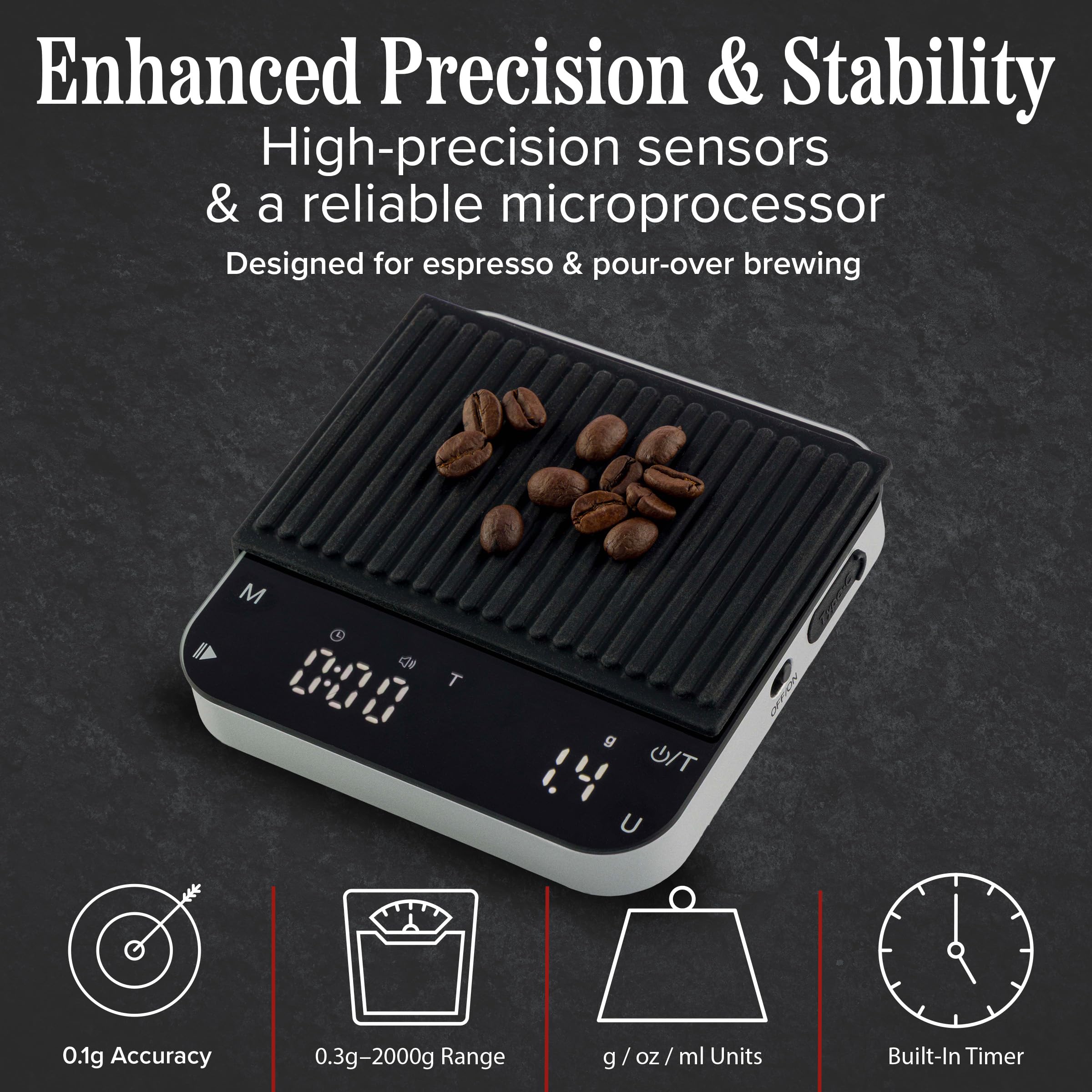 Classic Cuisine - Mini bilancia da caffè con timer, ricaricabile, con precisione ad alta precisione da 2 kg/0,1 g, per espresso e caffè versato, gadget da cucina portatile (nero)