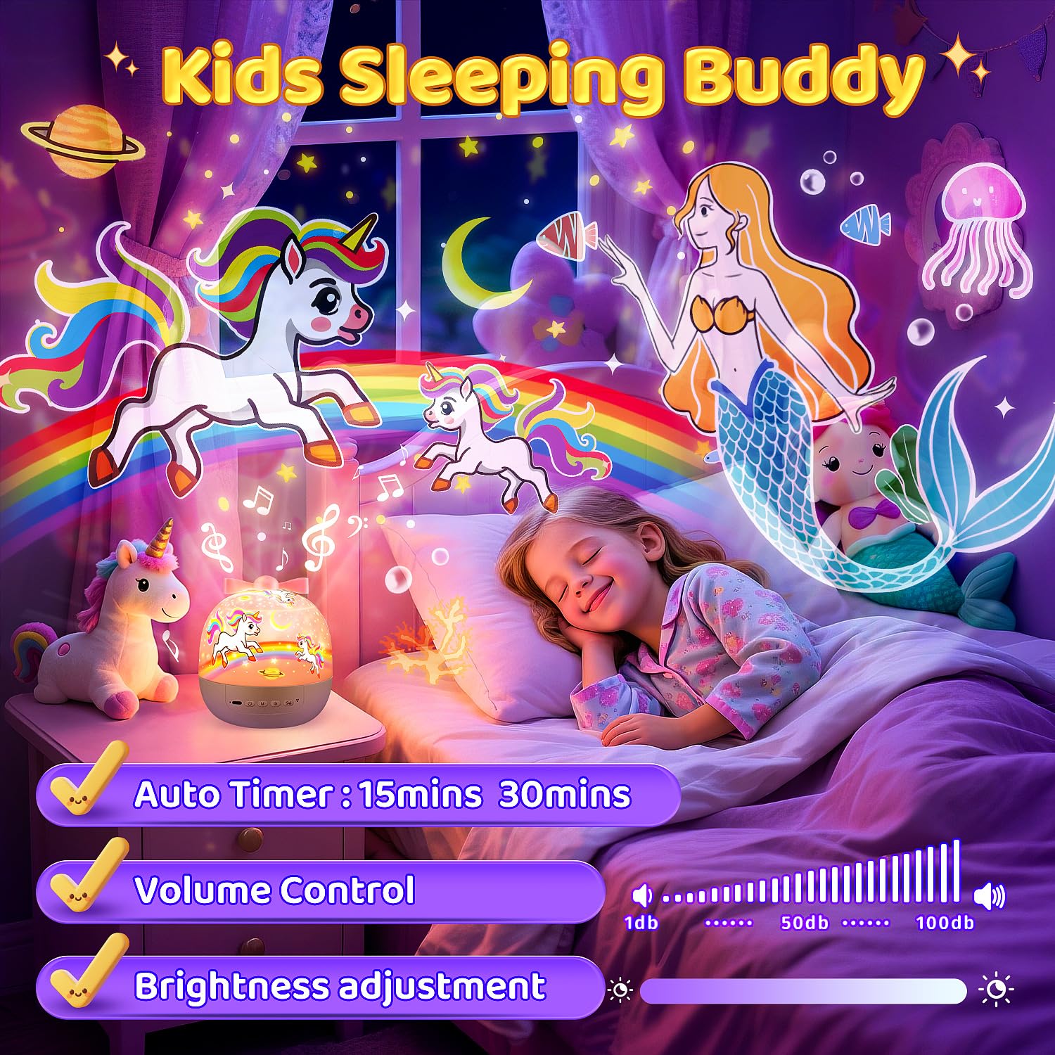 PIKOY Proyector de Luz Nocturna Para Niños Con 15 Películas y Máquina de Sonido, Control Remoto Para Habitación Infantil