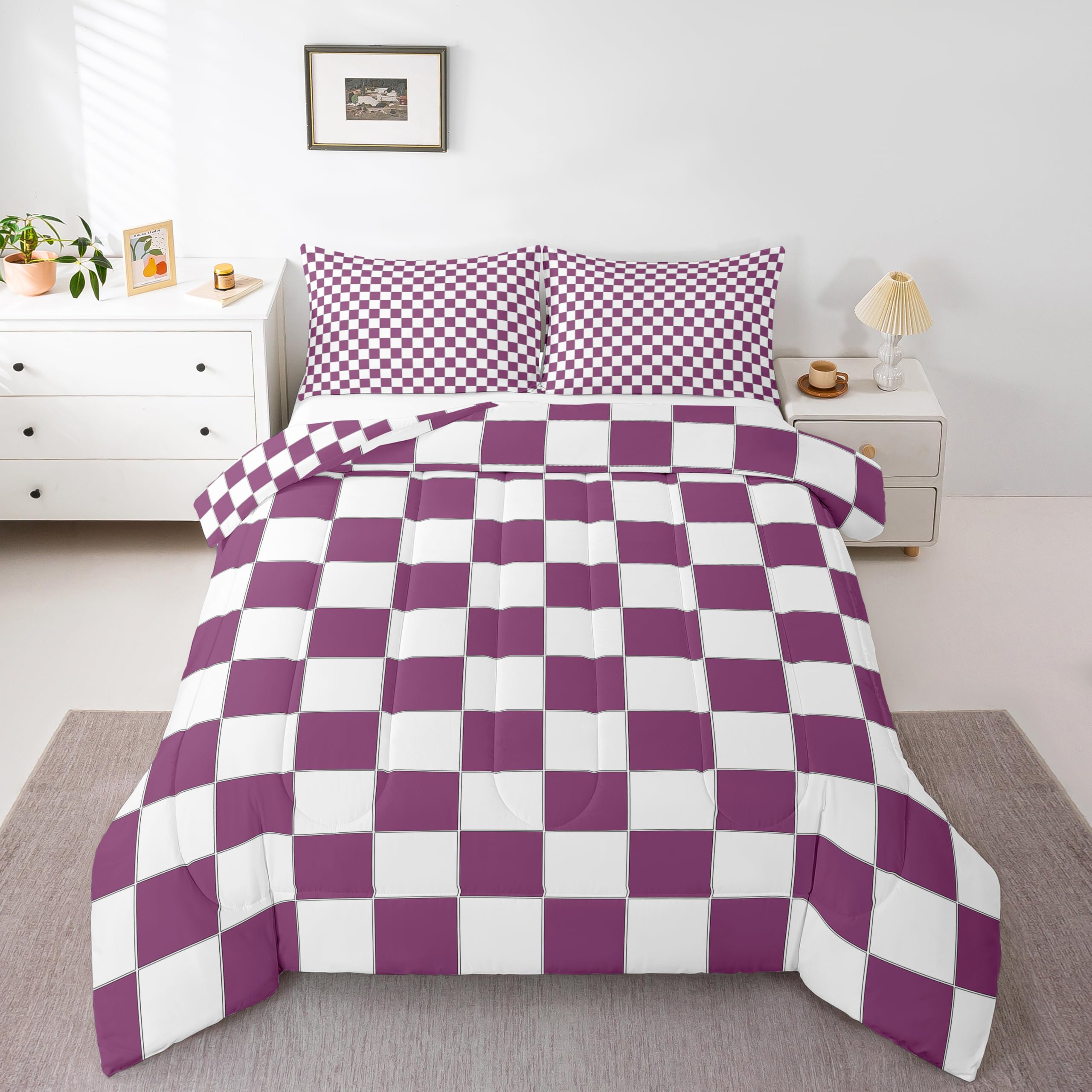 Erosebridal Girls Purple Checkered Bedding Set White Lavender Buffalo Plaid Grid Comforter Set Twin,Checkerboard Quilt Set for Kids Teen Women Geometrical Gingham Bed Set Modern Room Decor