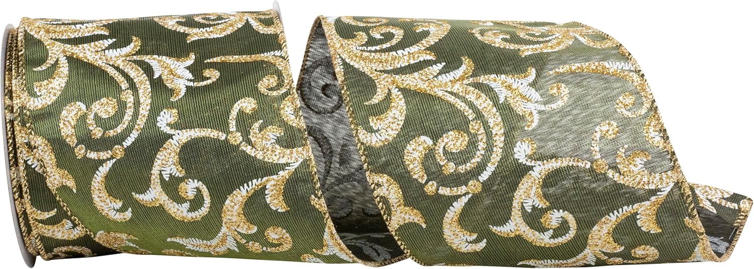 Reliant Ribbon Scroll Filigree Glitter Iridescent Satin Wired Edge, Moss, 4 Inch, 10 Yards