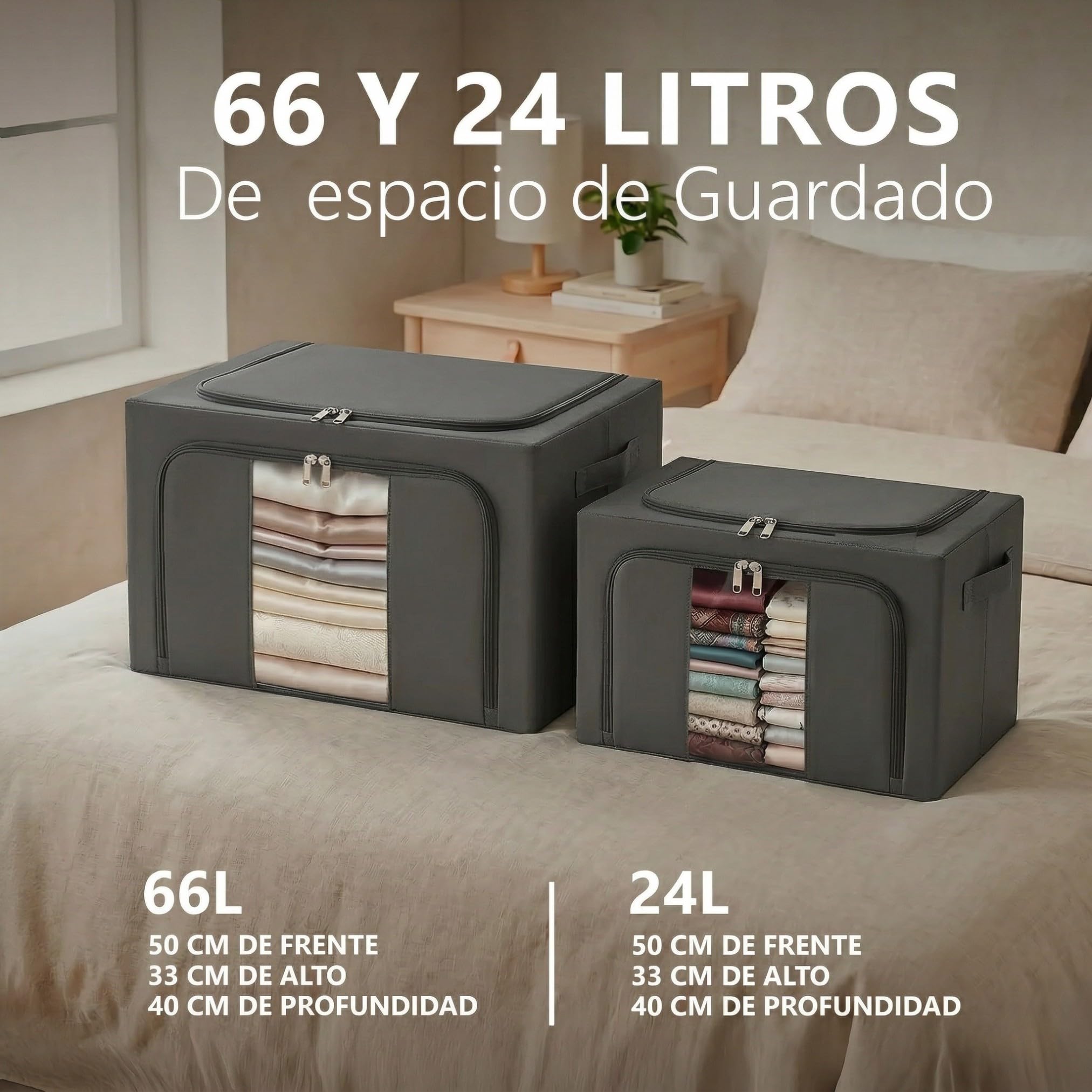 Cajas Almacenaje Ropa GRANDES Pack 2 · 66L (132L total) — Armario, Marco Metálico Rígido y Apilable, Plegable, Tela Oxford con Cremallera y Ventana Transparente Quitapelusas Incluido