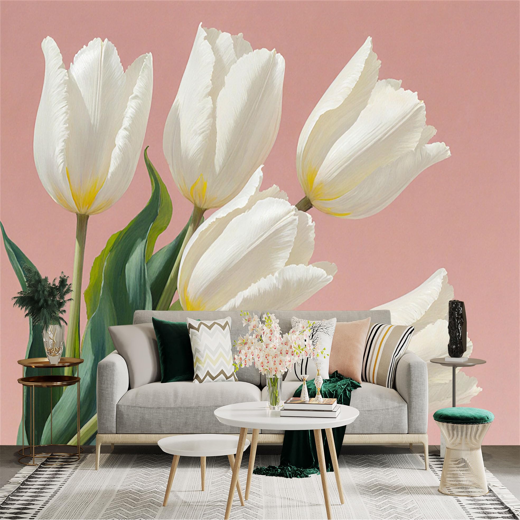 Custom Size Wall Sticker Mural， Elegant White Tulips， Spring Floral Arrangement， Botanical Art， Soft Pastel Pink Background， for wall Decoration， peelandstick wall Decals.