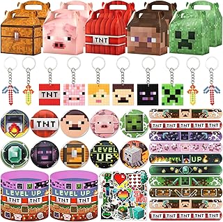 Birthday Party Supplies,100pcs Pixel Theme Party Decorations Set,Include 10 Silicone Wristbands,10 Button Pins,10 Key Chains,10 Gift Boxes,10 Slap Wristbands and 50 Stickers for Kids,Best for Fill Up the Goodie Bags for Miner Themed Party Favors