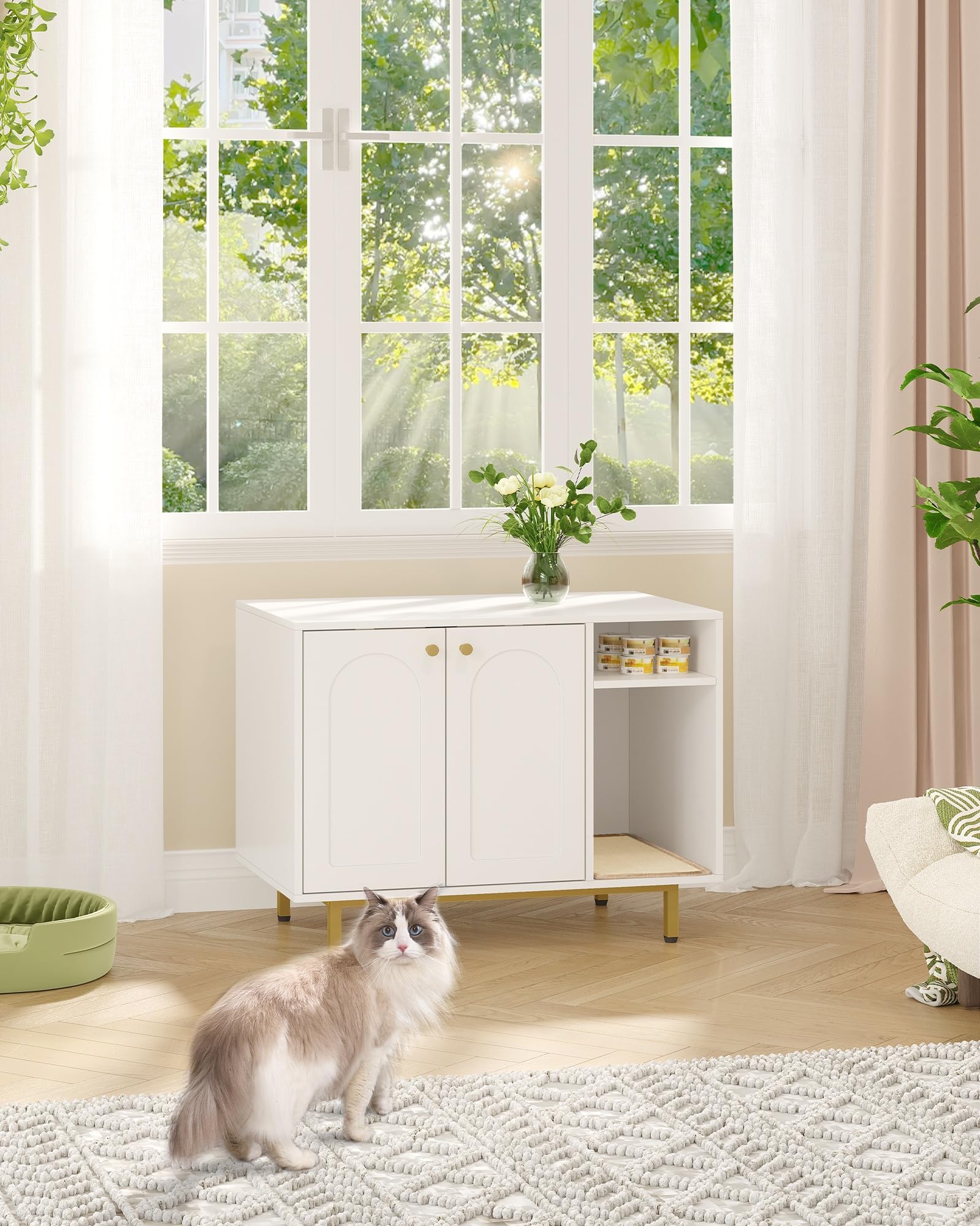 Hzuaneri Mobile Lettiera per Gatti, Mobiletto Lettiera Gatto, Casa per Gatto Multifunzione, Con Porta e Divisorio Separato, Armadietto per Gatti, Facile da Montare, Bianco e Oro 01503GCLB