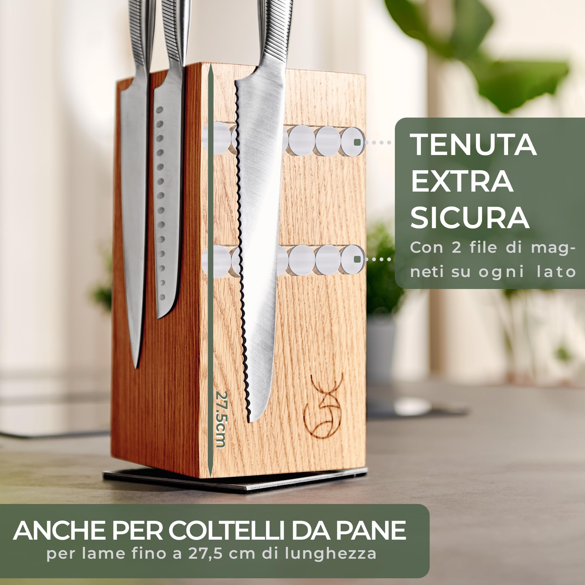 WALDWERK Design Ceppo Coltelli da cucina - porta coltelli cucina - magnetico e girevole in pregiato legno di quercia - portacoltelli da cucina