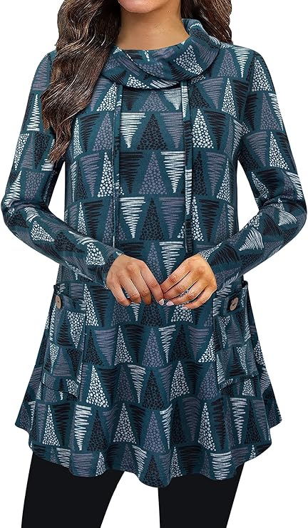 Bulotus Fall Sweaters for Women 2025 Cowl Neck Asymmetrical Long Tunics for Leggings Vacation Travel Tops with Pockets