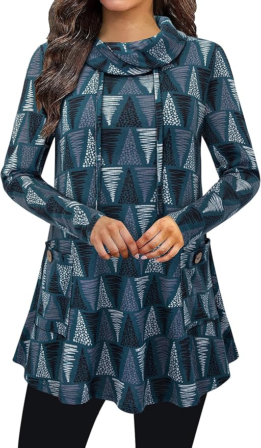 Bulotus Fall Sweaters for Women 2025 Cowl Neck Asymmetrical Long Tunics for Leggings Vacation Travel Tops with Pockets