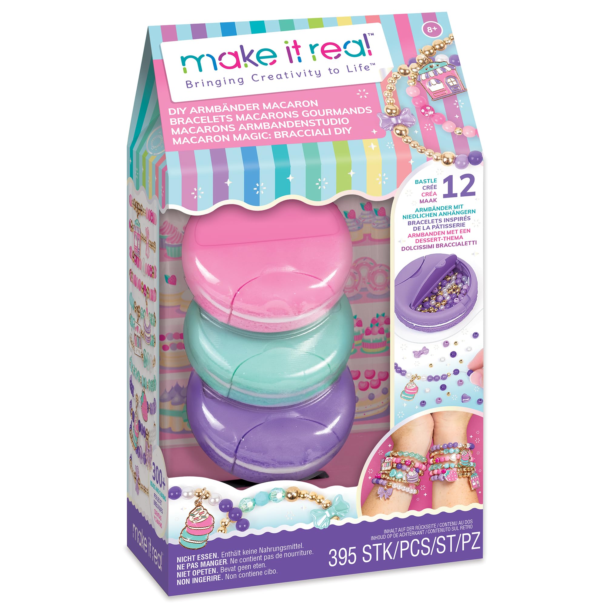 Make It Real Macaron Bracelet Maker - Bracelet Making Kit with Dessert Themed Charms & Beads - Jewellery Craft Sets for Girls Ages 8+ - Create 12 Bracelets with Included Macarons, Birthday Gift