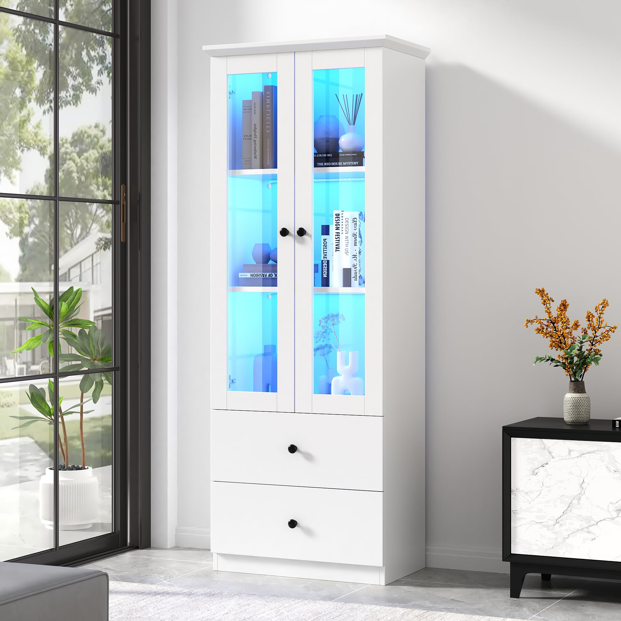 Merax Vitrina con luces LED, vitrina de cristal con cajones y estantes ajustables, moderna vitrina para libros, vitrina de colección, armario alto para cocina, salón, dormitorio, oficina, color blanco