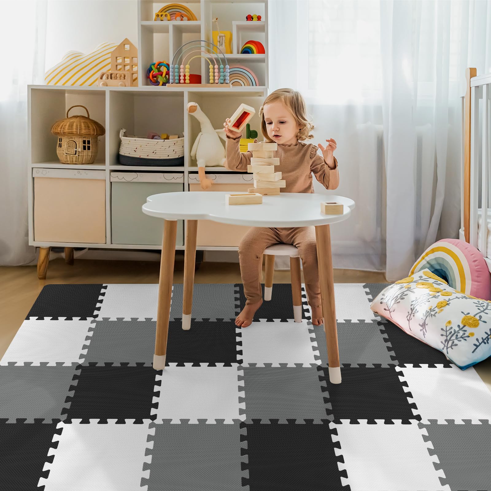 Baby-Spielmatte für Boden, Schaumstoff-Bodenfliesen für Kinder mit ineinandergreifenden Quadraten, Schaumstoff-Puzzle-Teppich für Spielzimmer, Krabbelteppich für Babys von 6–12 Monaten, Kleinkinder
