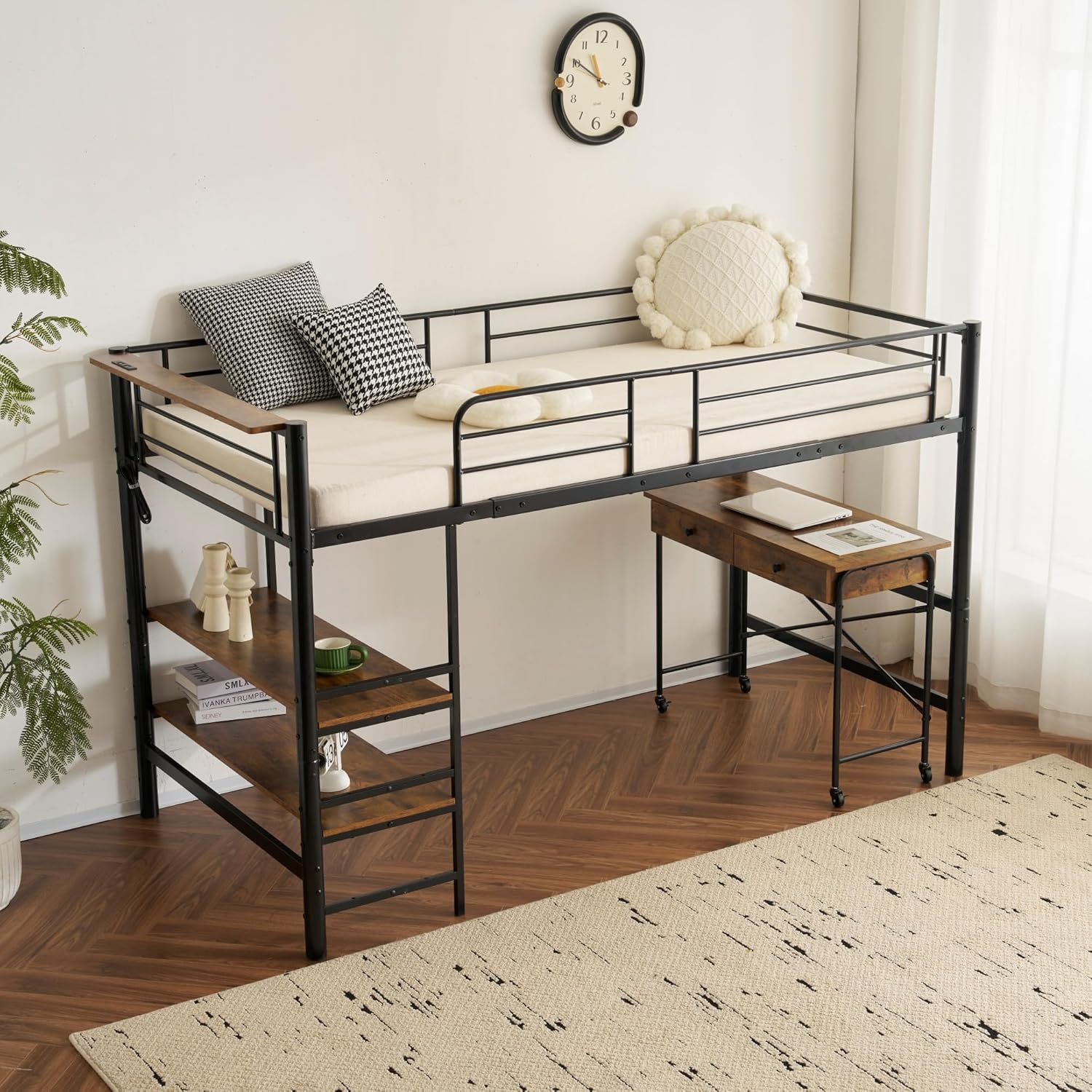 【マットレス2個付】Sロフトベッド 階段付きパイプベッドシングル収納スチール耐震 マットレス2個付き】S ロフトベッド 階段付き S パイプベッド シングル