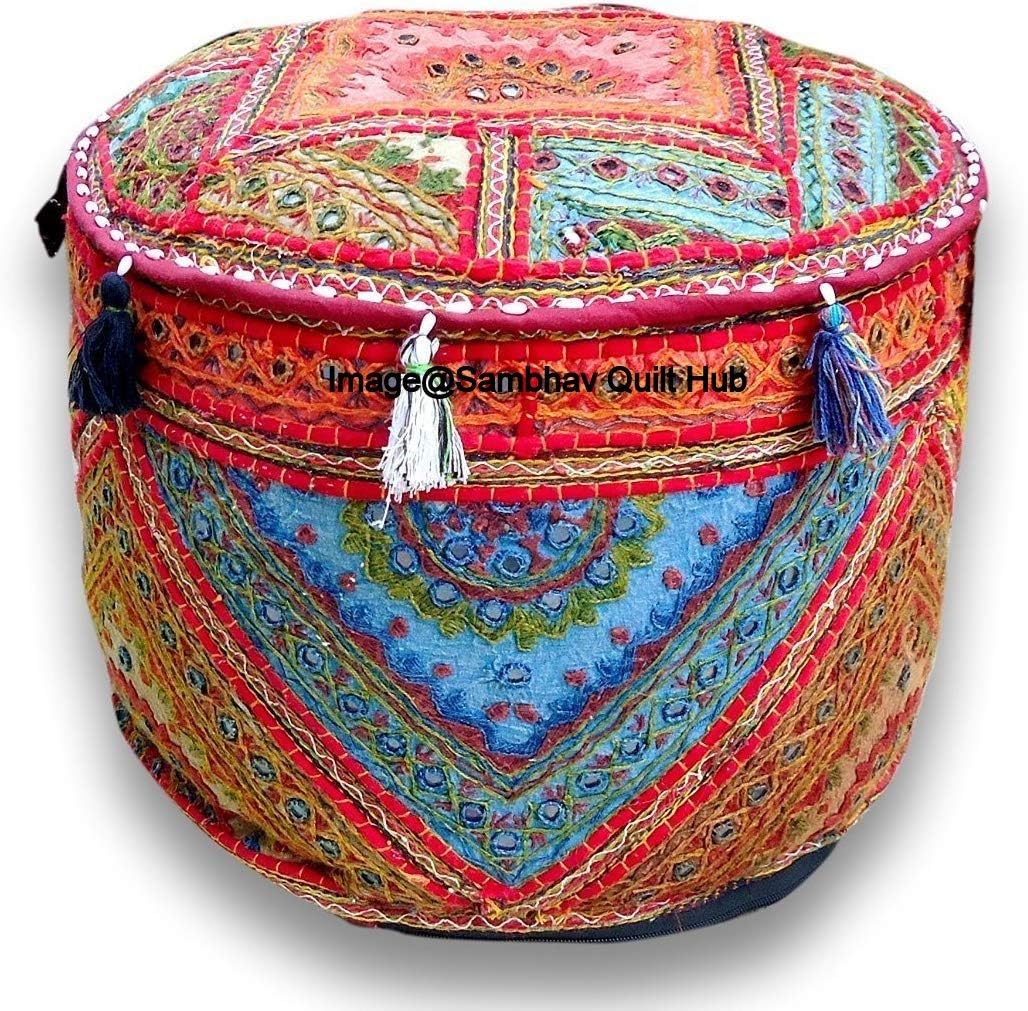 Multi Decorative Multi Patch Indian Hippie Embroidery Vintage Cotton Floor Pillow & Cushion Patchwork Bean Bag Chair Cover Boho Bohemian Hand Embroidered Handmade Pouf Ottoman Cover (14X22 inch)