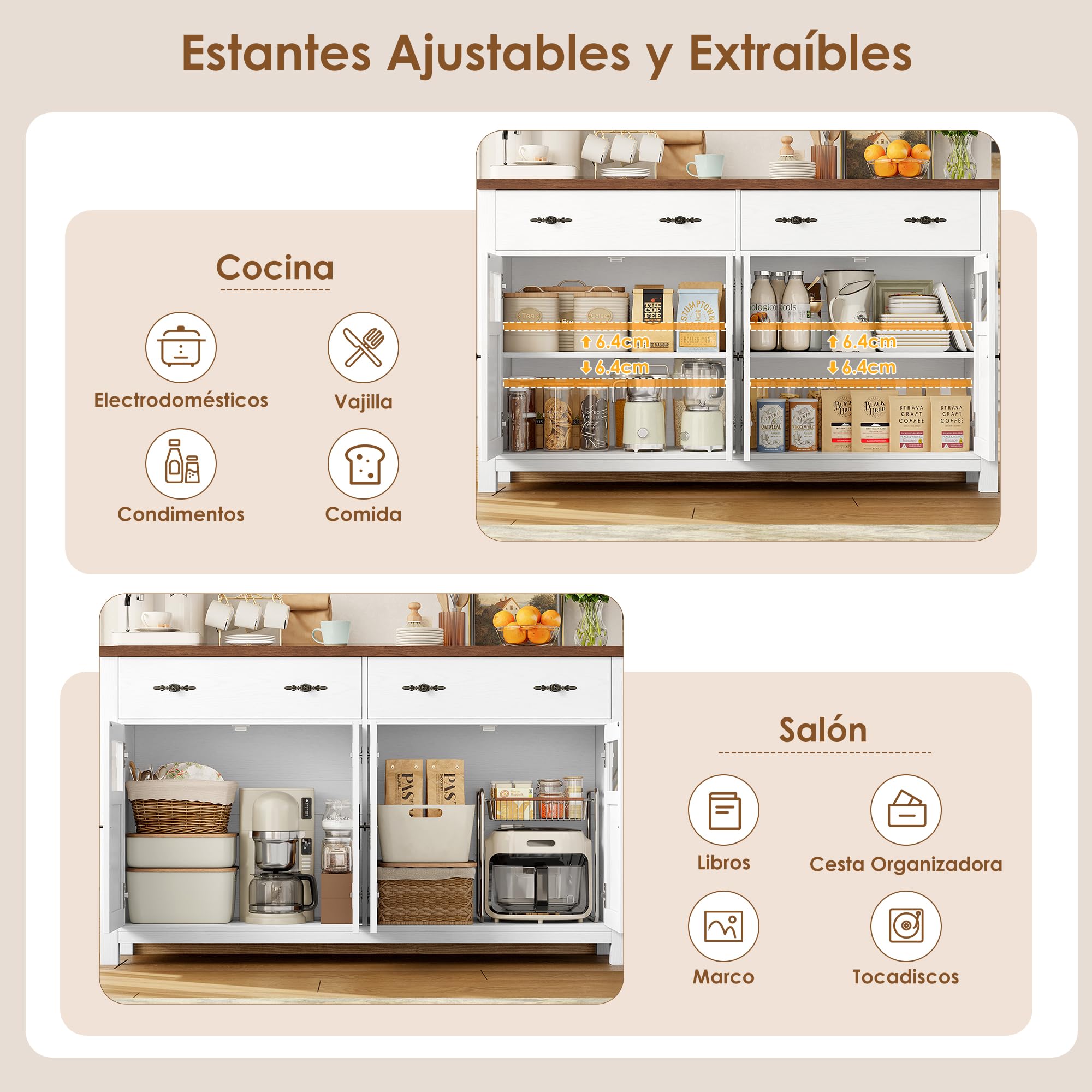 FirFurd 140cm Aparador de Cocina, Aparador Comedor, Mueble Auxiliar de Cocina, Armario Almacenaje con 2 Cajones 4 Puertas para Salón, Pasillo o Comedor 140x40x90cm Blanco