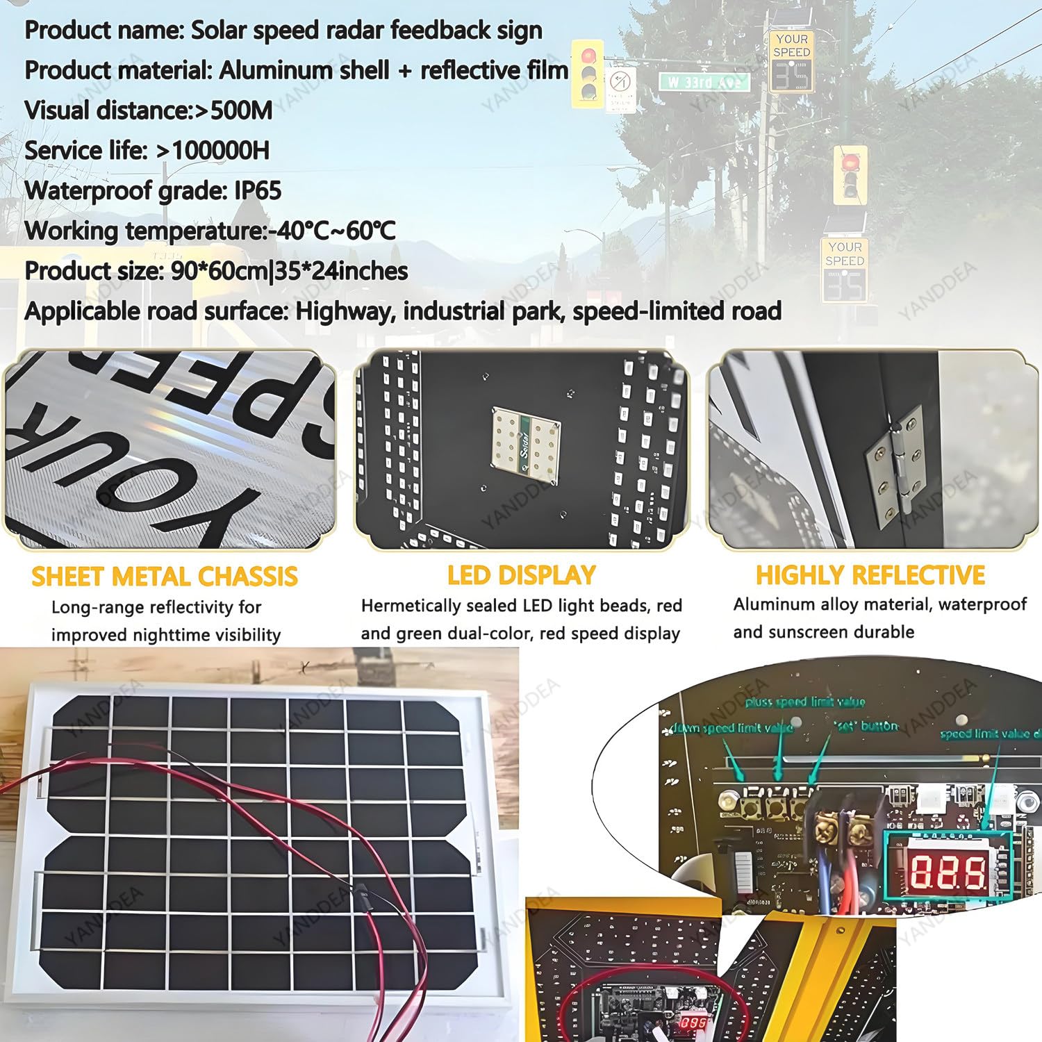 Señal de límite de velocidad de radar con energía solar, pantalla LED de advertencia, límite de velocidad máxima ajustable, 24 x 35 pulgadas, control de tráfico de seguridad vial
