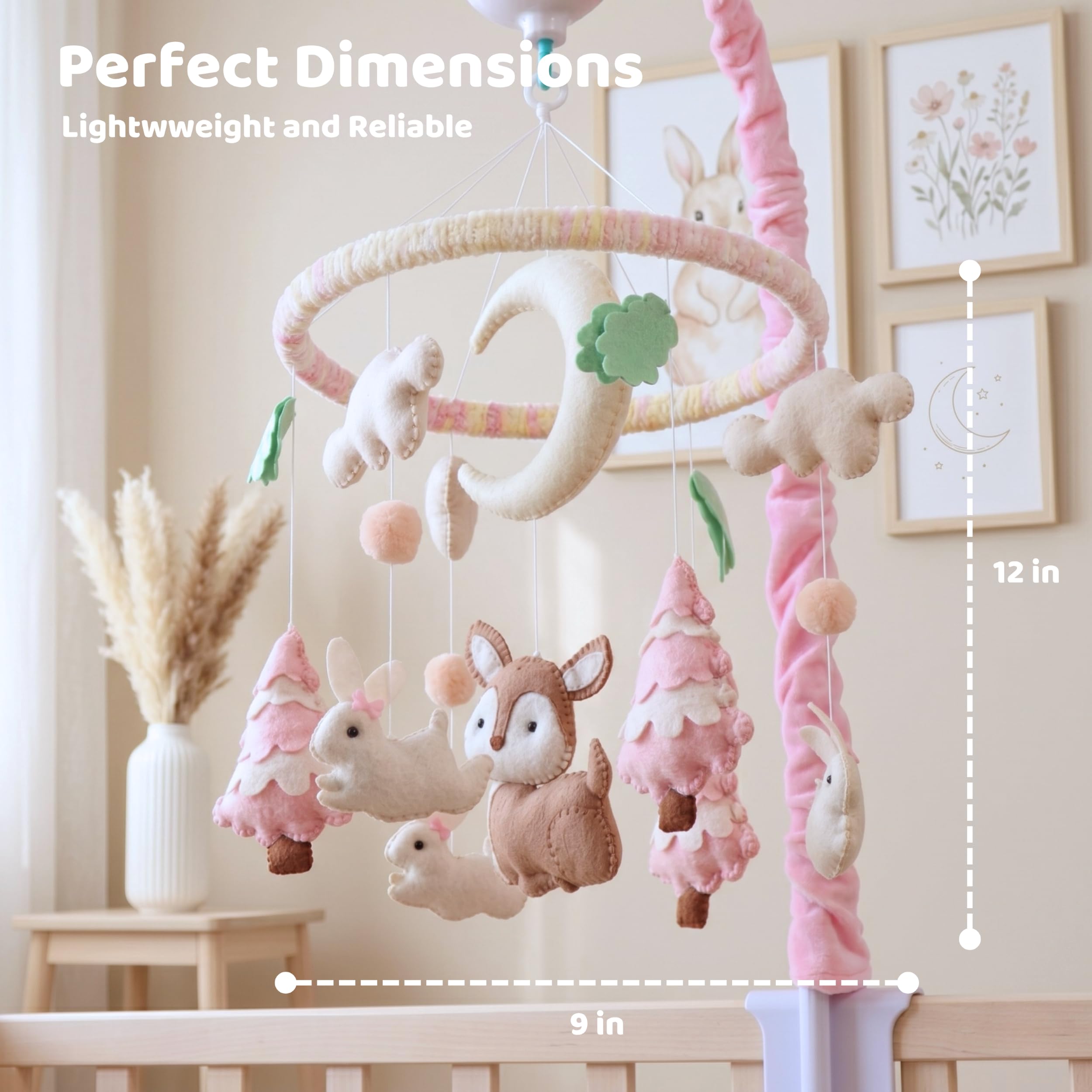 Giostrina da appendere a forma di animali della foresta, per bambine, in feltro, cervo, coniglio, luna crescente, rosa, decorazione per la cameretta dei bambini