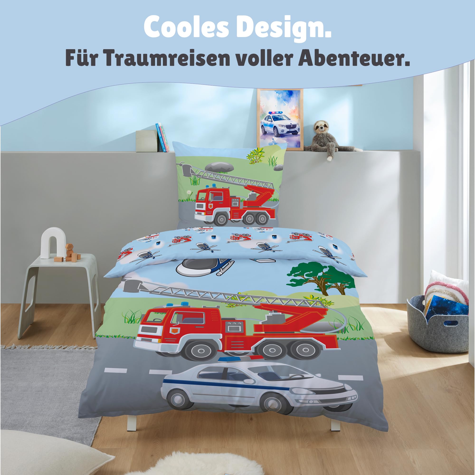 Familando – Polizei & Feuerwehr Bettwäsche-Set (2-teilig) – Decken- & Kissenbezug 135x200 cm & 80x80 cm mit Reißverschluss – 100% Baumwolle – Wendemotiv – Hautfreundlich & atmungsaktiv - Öko-TEX