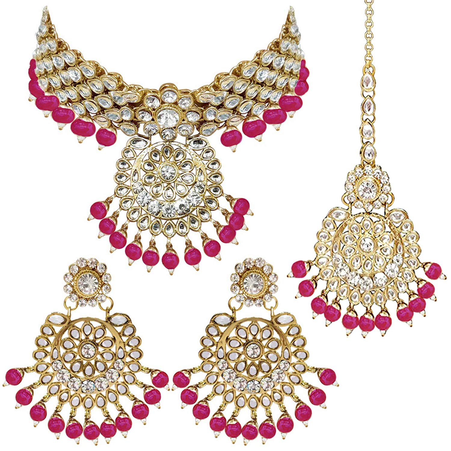 AheliElegant Wedding Party Wear Faux Kundan Studded Short Necklace Earrings with Maang Tikka Set Indian Ethnic Bollywood Fashion Jewelry for Women