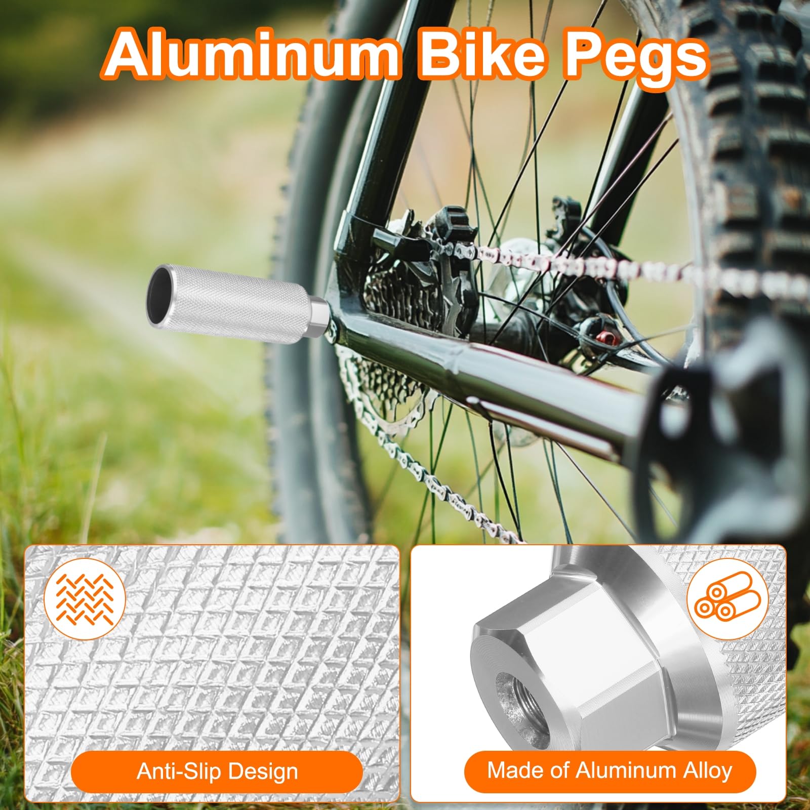 QUARKZMAN 2 pary pegów rowerowych ze stopu aluminium, tylne pegi wyczynowe, antypoślizgowe, pasują do osi 3/8 cala, do rowerów górskich, BMX, kolor srebrny