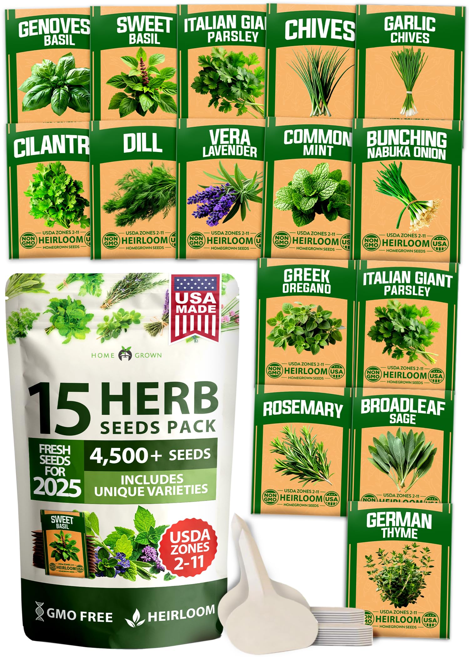 HOME GROWN 15 Herb Seeds for Planting 4,500+ Non-GMO Heirloom Seeds | Extra Large Variety Pack Herb Kit – Indoor Outdoor & Hydroponic | Culinary Seed Set | Grow Your Own Herbs | Gardening Gift